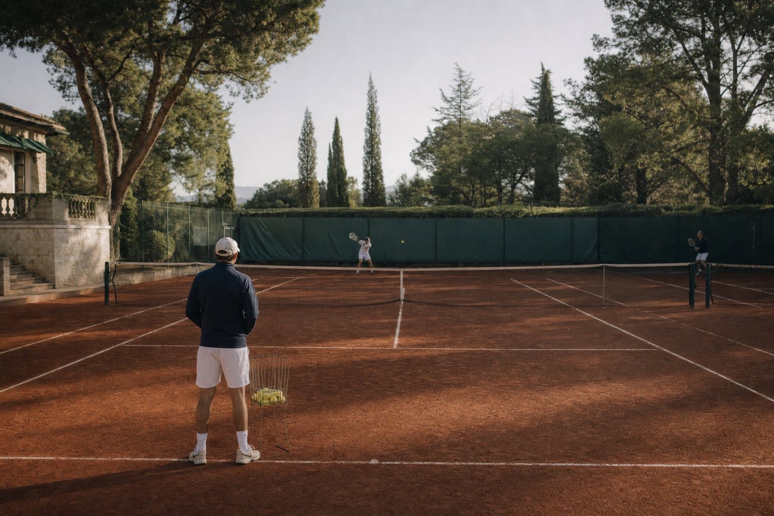 A coach at the baseline of a clay court with a basket of balls, players rallying beyond.
