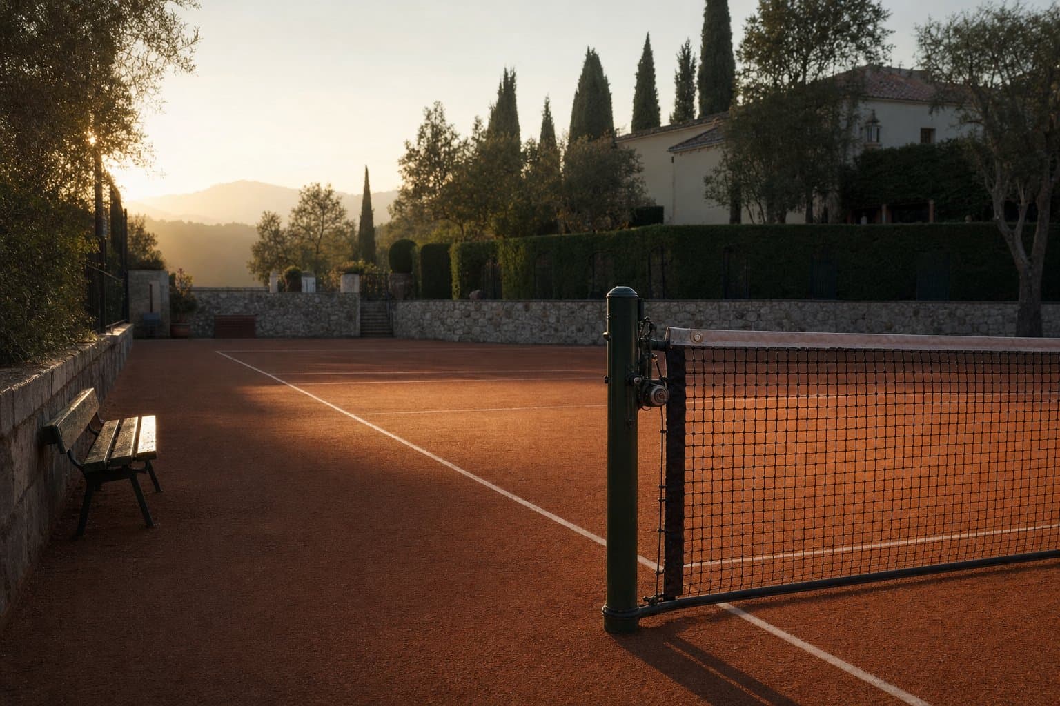 An empty clay tennis court with freshly swept lines, seen from courtside at dawn.