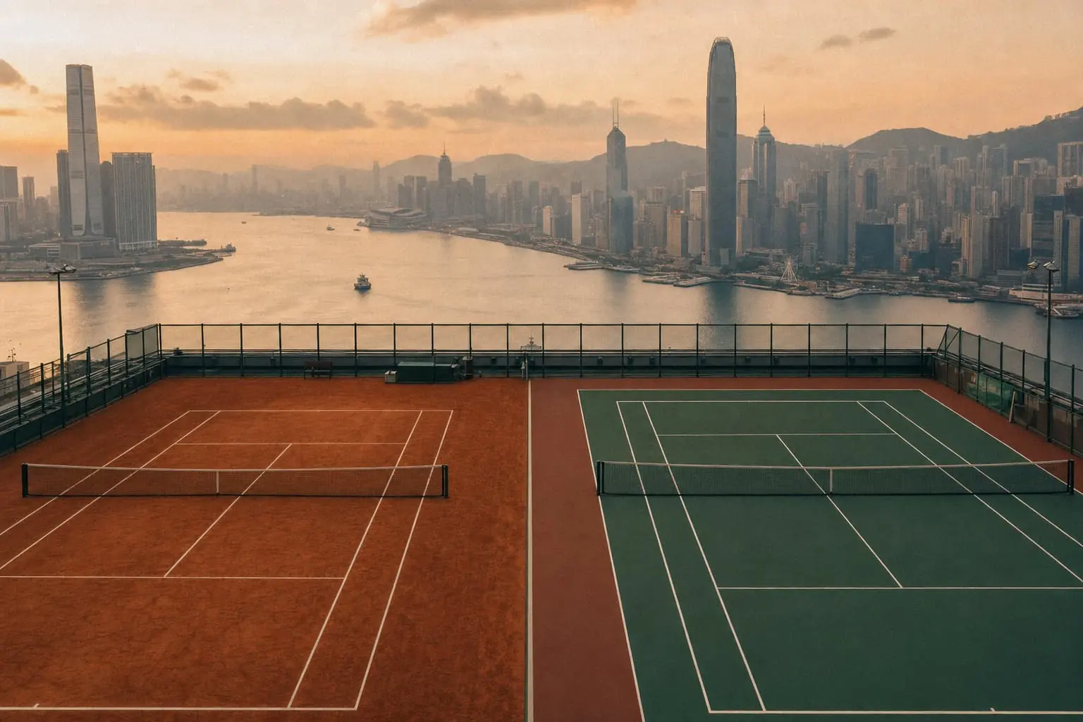 Two rooftop tennis courts side by side, one clay and one hard court, the Hong Kong skyline across Victoria Harbour beyond