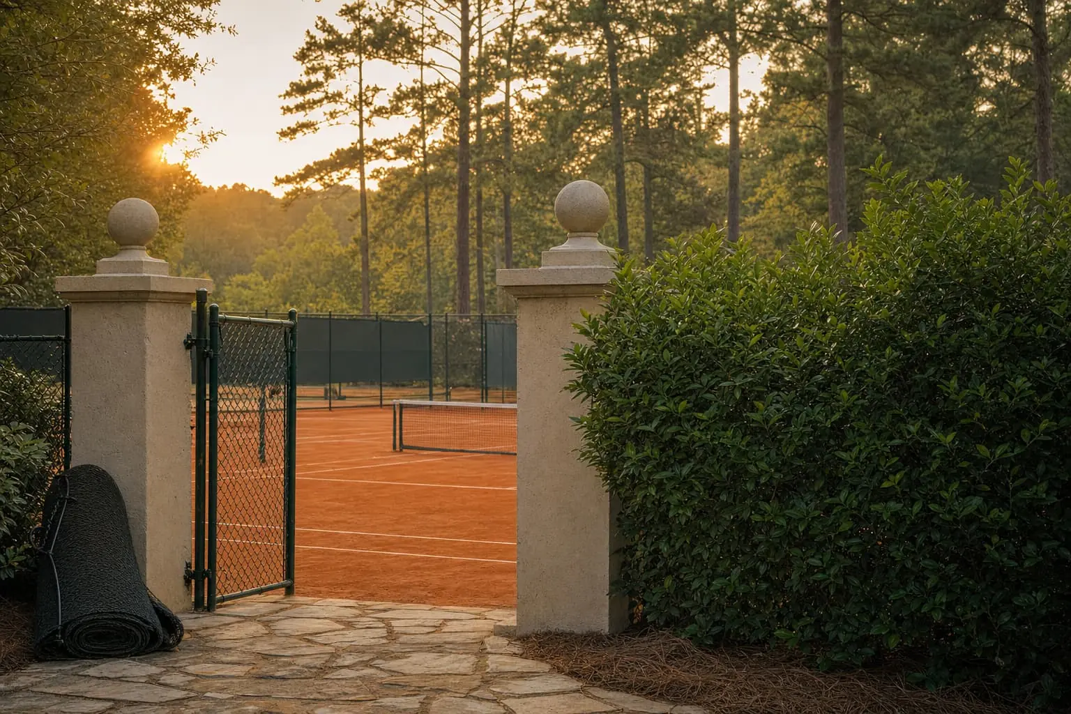 Clay courts at an Atlanta swim-and-tennis club among tall pines in humid evening light.