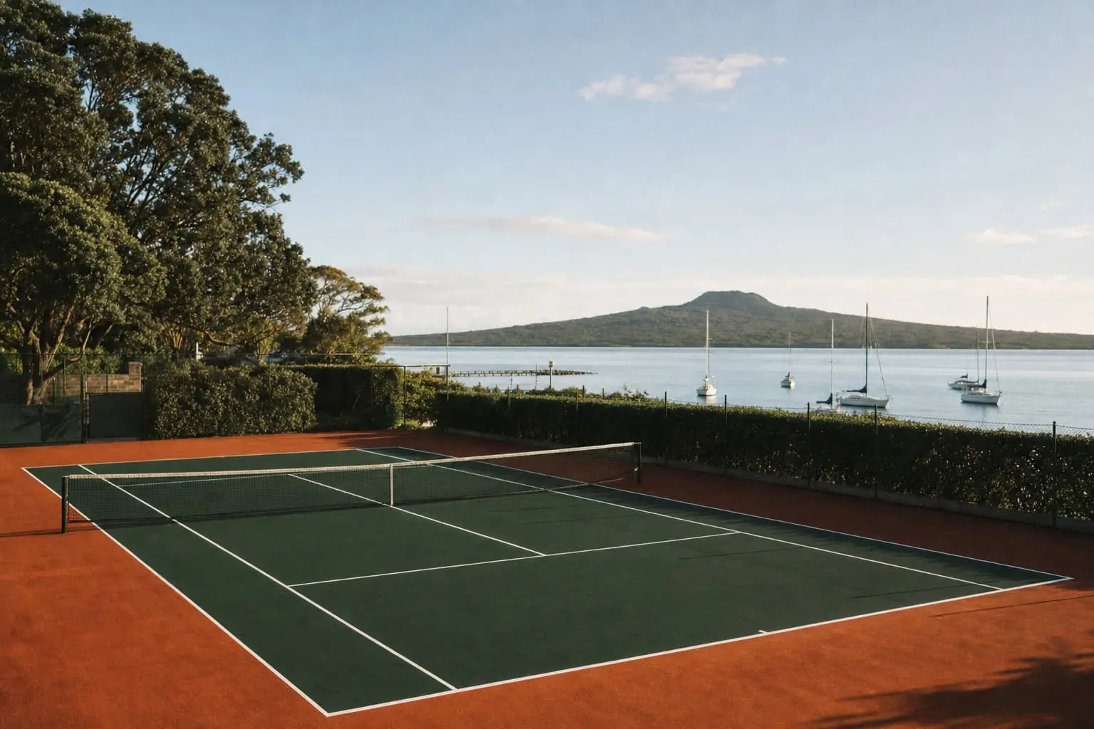 Hard courts near the water in Auckland, a green volcanic hill and moored sailboats in the distance.
