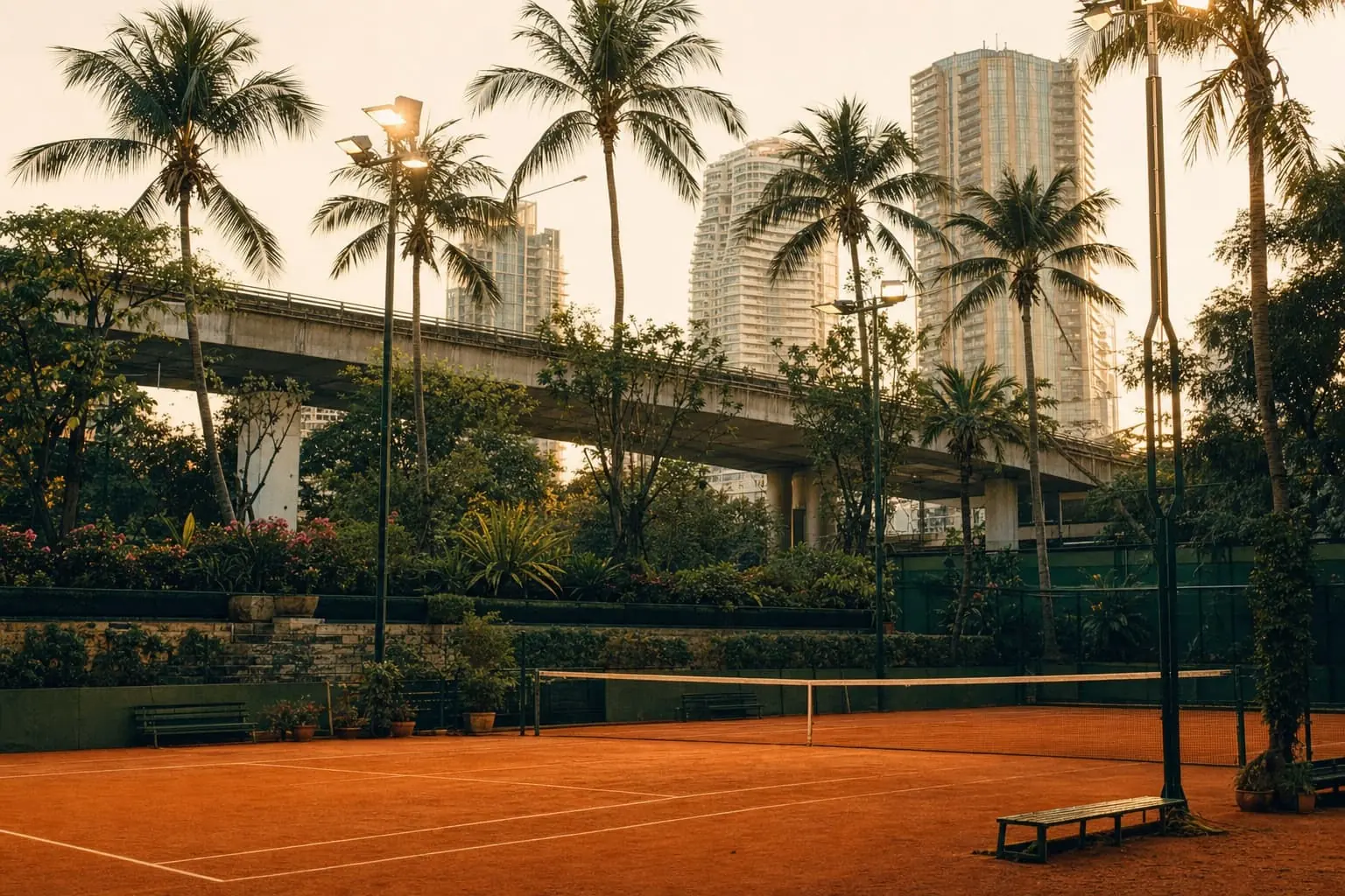 A clay court under palm trees in Bangkok at golden hour, condominium towers and an expressway in the distance.