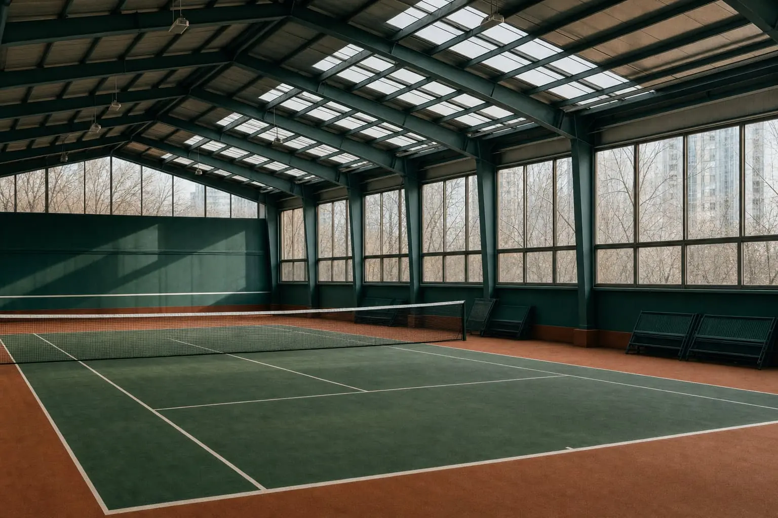 An indoor tennis hall in Beijing in winter, green hard courts under long skylights.