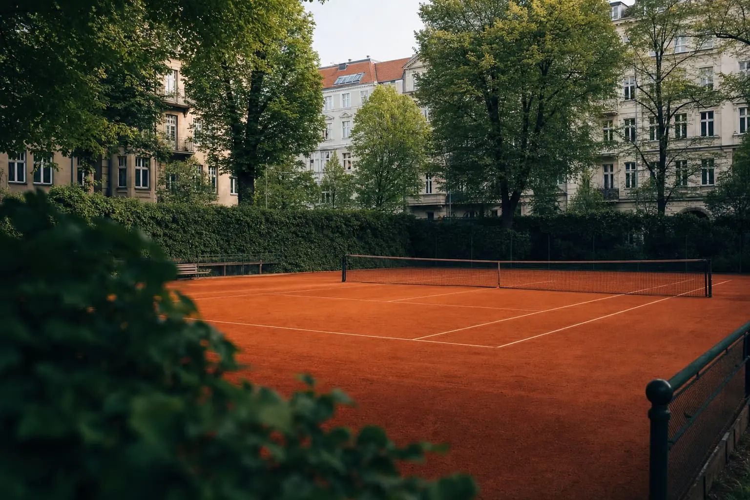 Freshly raked red clay courts at a Berlin club, linden trees and prewar facades behind the hedge.