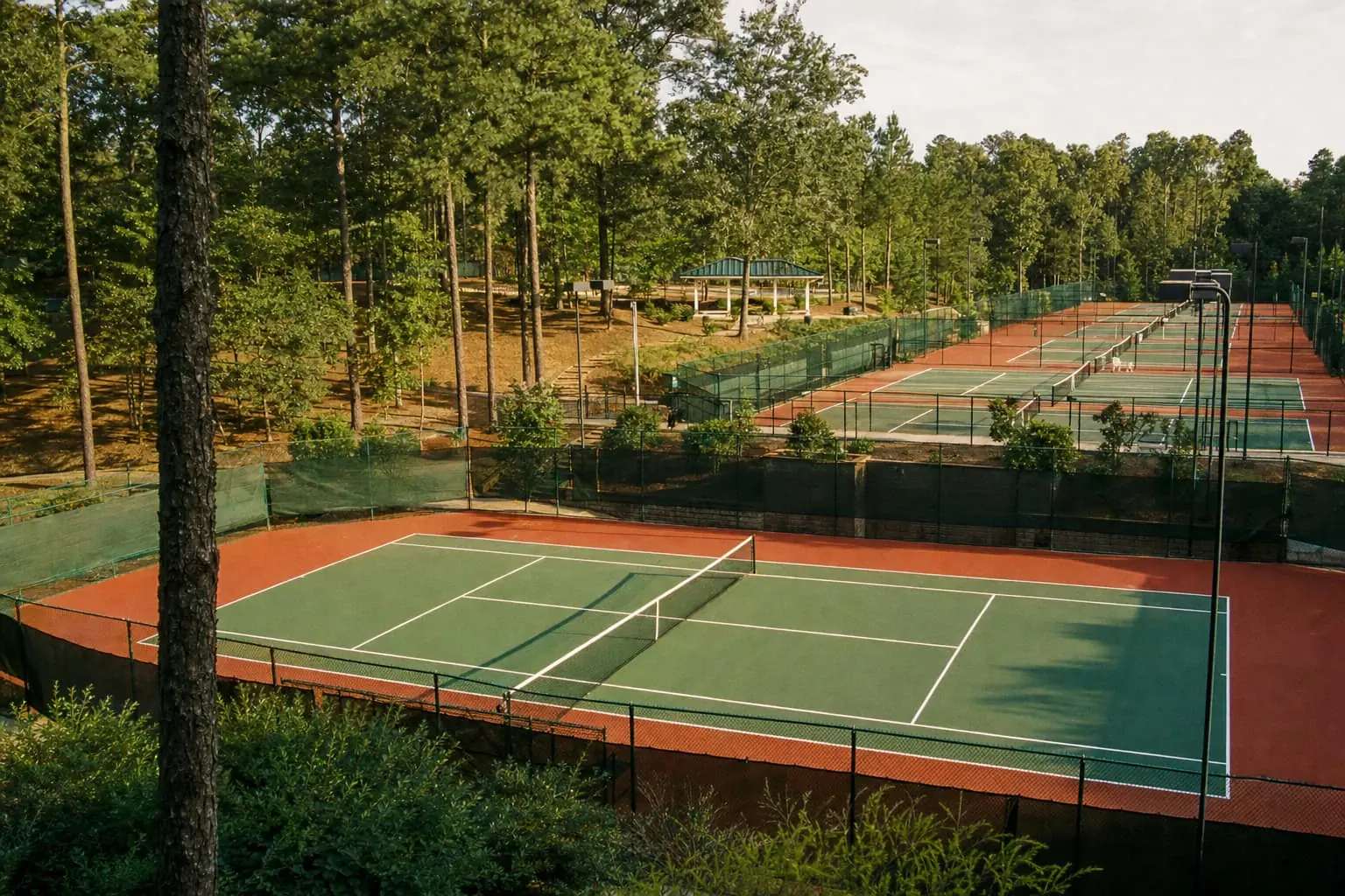 Rows of hard courts at a municipal tennis park in Cary, terraced into a pine wood, a covered pavilion on the slope above.
