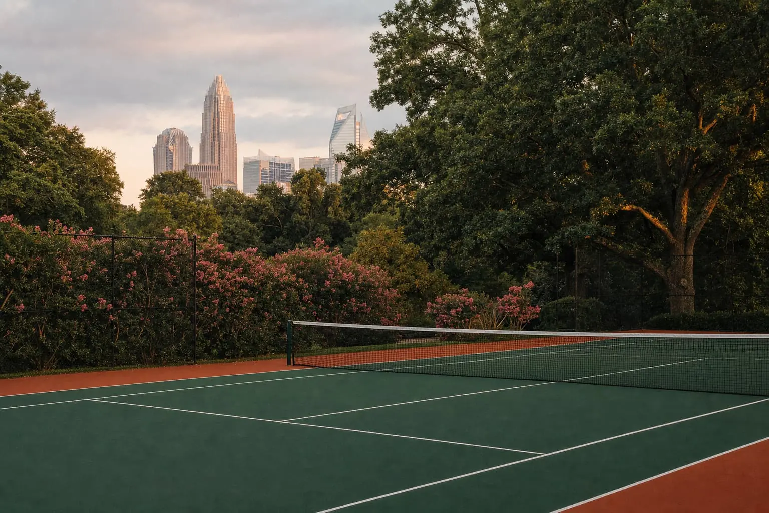Neighborhood hard courts in Charlotte among oaks, uptown towers over the tree canopy in early evening.