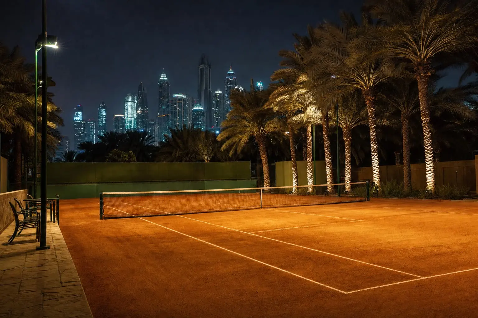 A floodlit clay court at a Dubai club at night, date palms along the fence and lit towers behind.