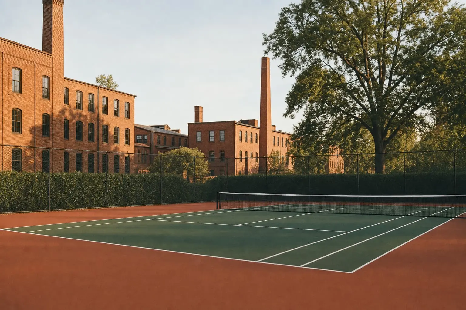 A neighborhood hard court in Durham, restored red-brick tobacco warehouses and a tall brick chimney behind the fence in evening light.