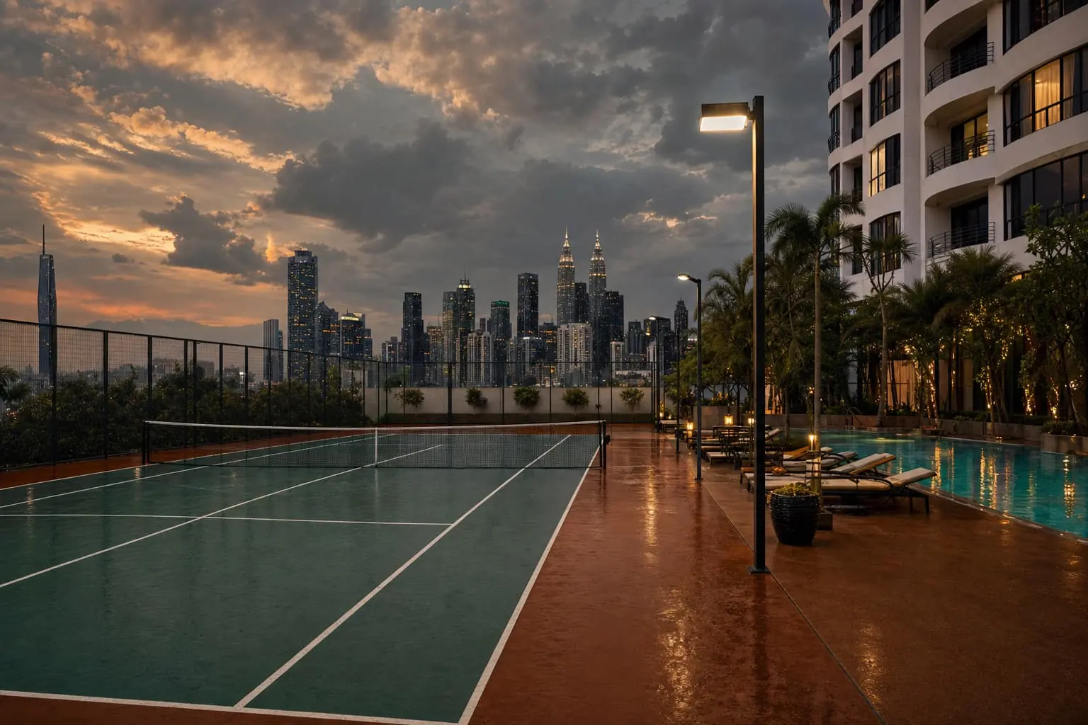A condominium hard court in Kuala Lumpur at dusk, a glass skyline and rain clouds in the distance.