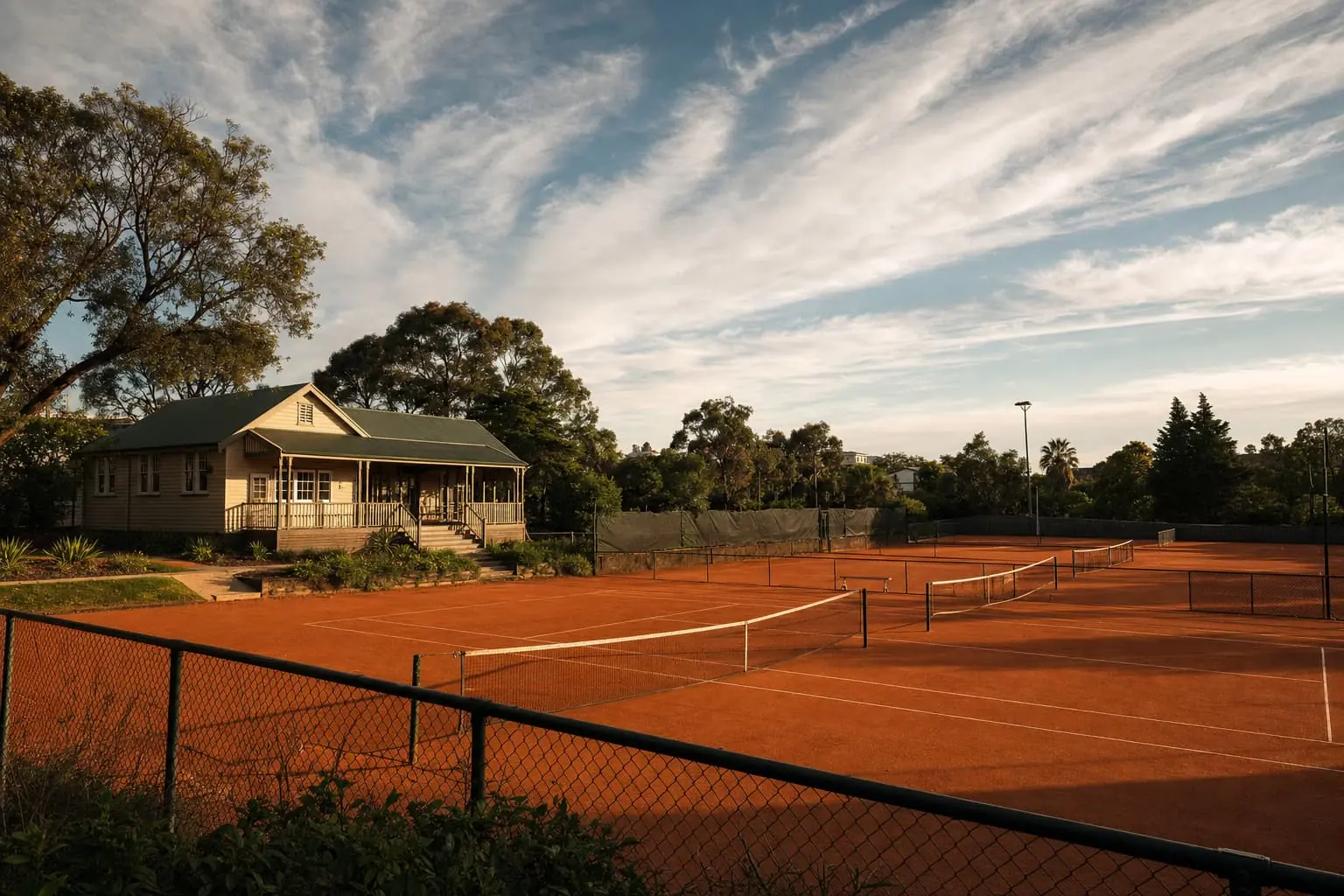 En-tout-cas clay courts at a suburban Melbourne club, a weatherboard clubhouse under a wide afternoon sky.