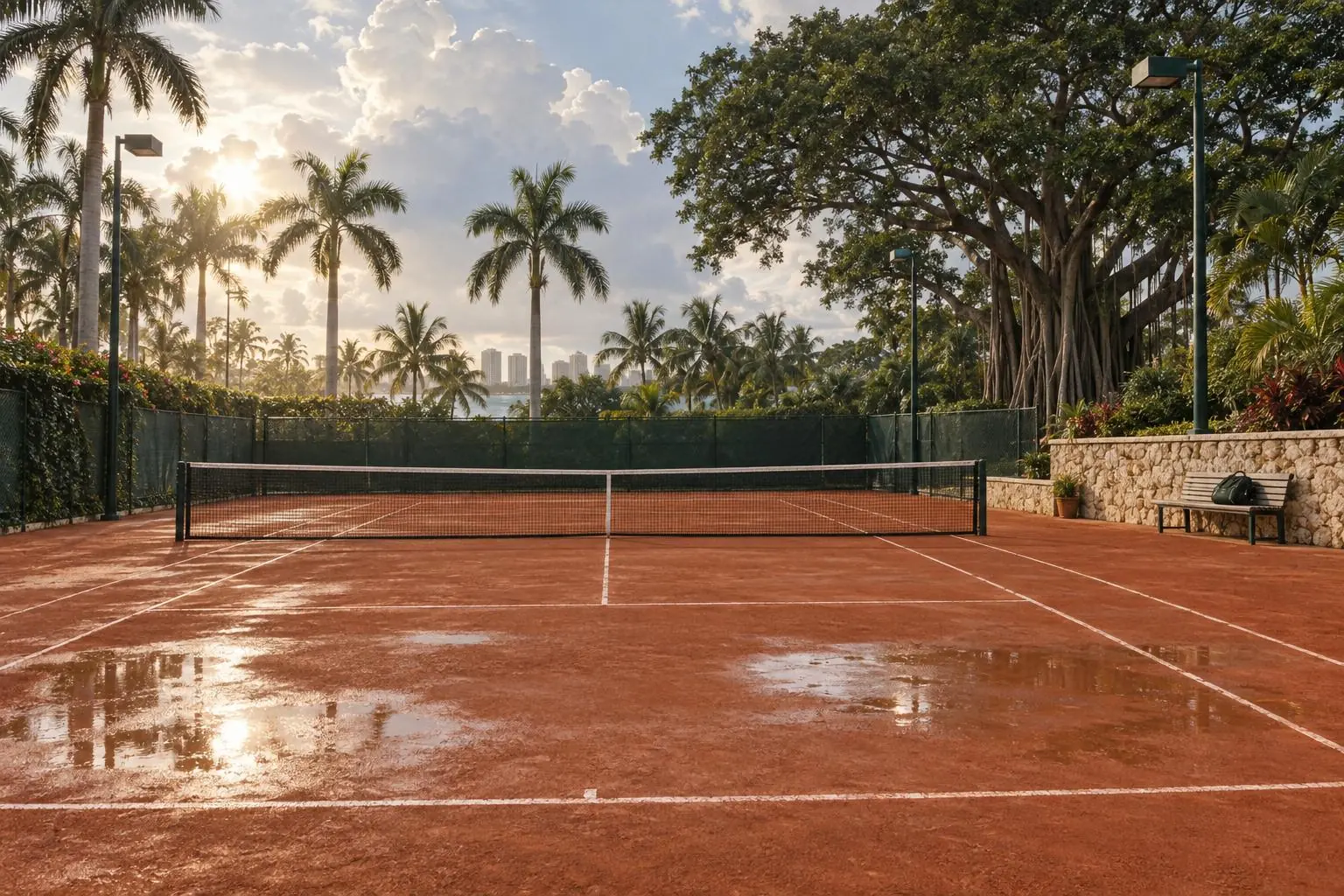 An empty clay tennis court after rain, with puddles on the clay, a bench and a bag beside a coral-stone wall, royal palms and a banyan tree beyond the fence, and distant towers across the water.