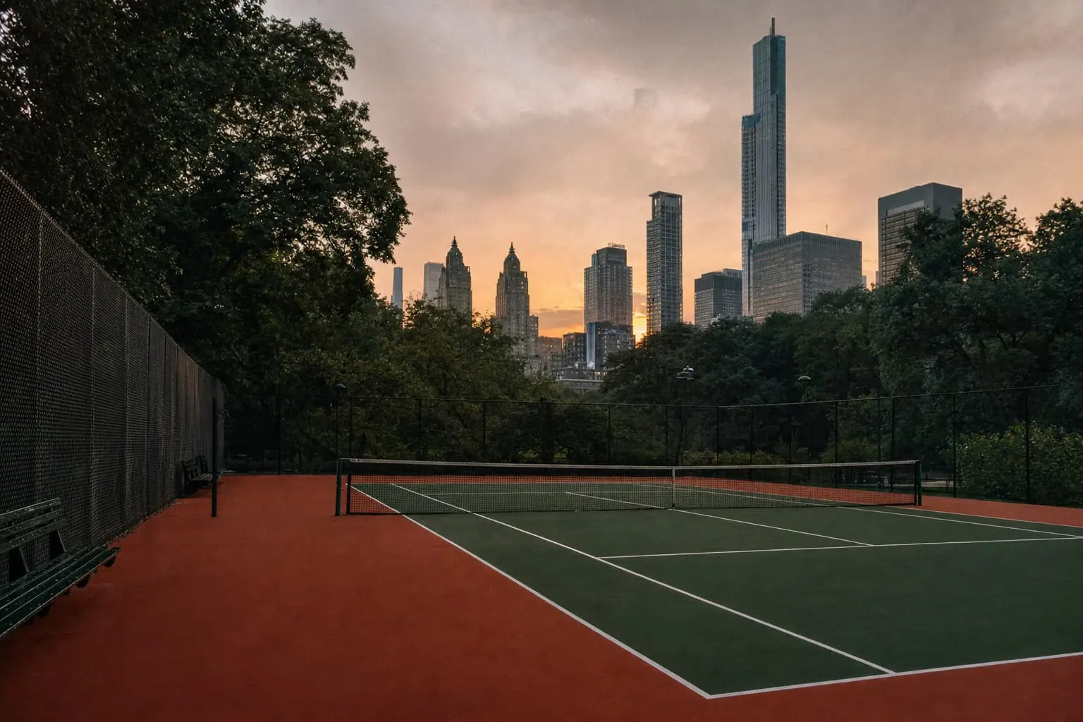 Empty public hard courts in a New York park at dusk, chain-link fence, the Manhattan skyline over the trees.