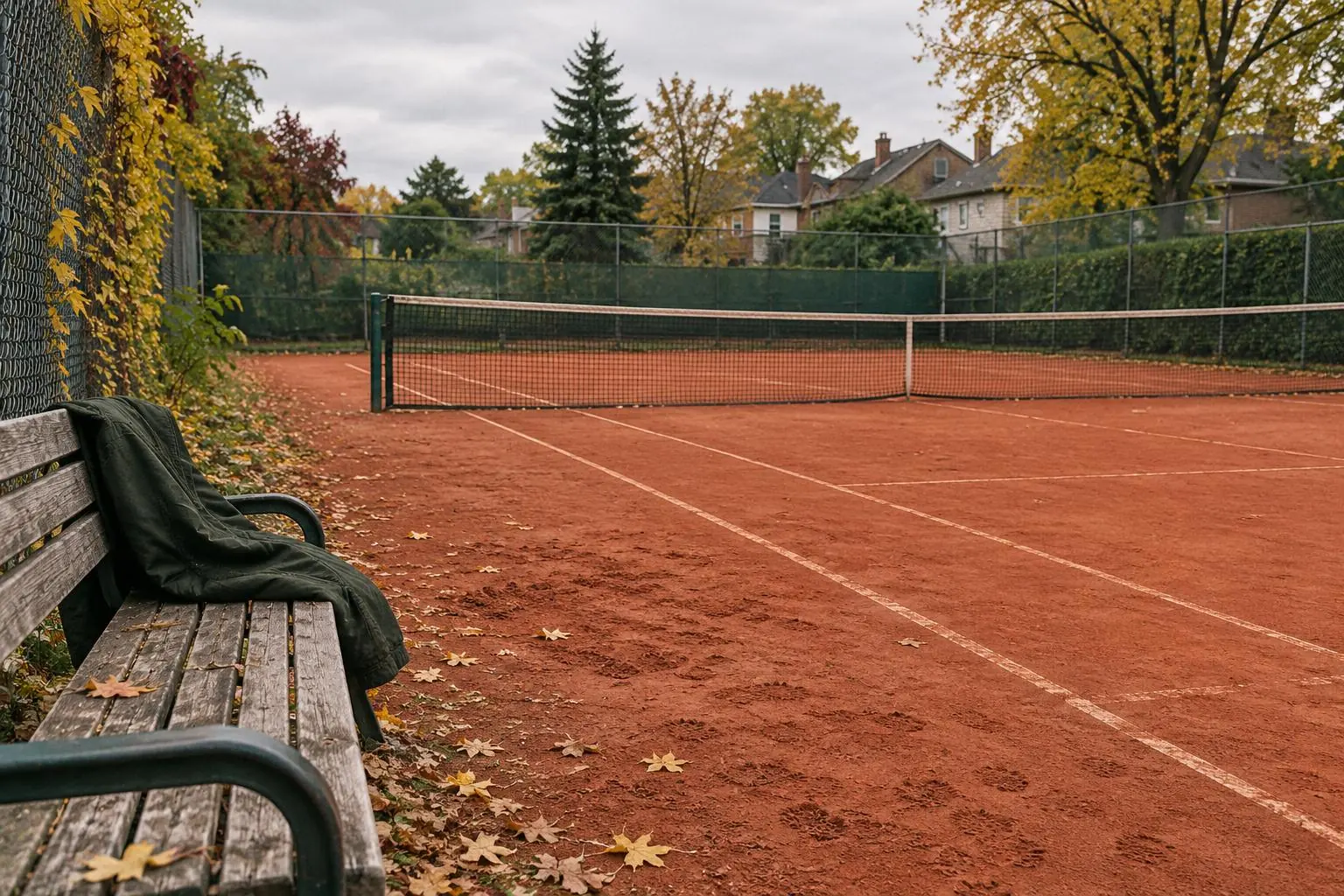 An empty clay tennis court with autumn leaves beside a worn wooden bench and a dark jacket, with neighborhood houses beyond the fence.