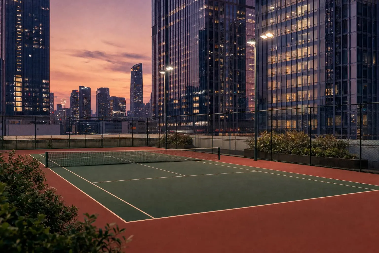 A floodlit rooftop hard court among Shenzhen glass towers at dusk.