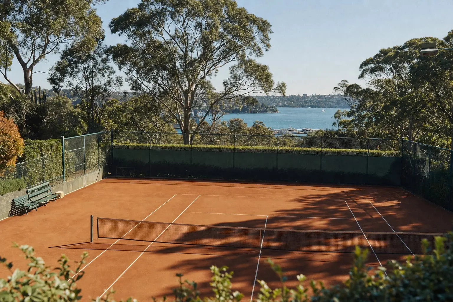 A clay court in a leafy Sydney harbourside suburb, gum trees and a strip of blue water in the morning sun.