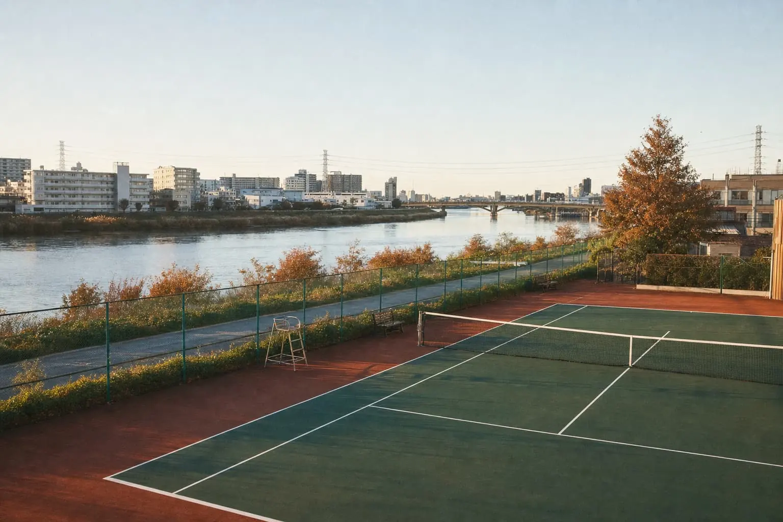 Hard courts on a Tokyo river levee on a clear autumn morning, apartment blocks and the river beyond.