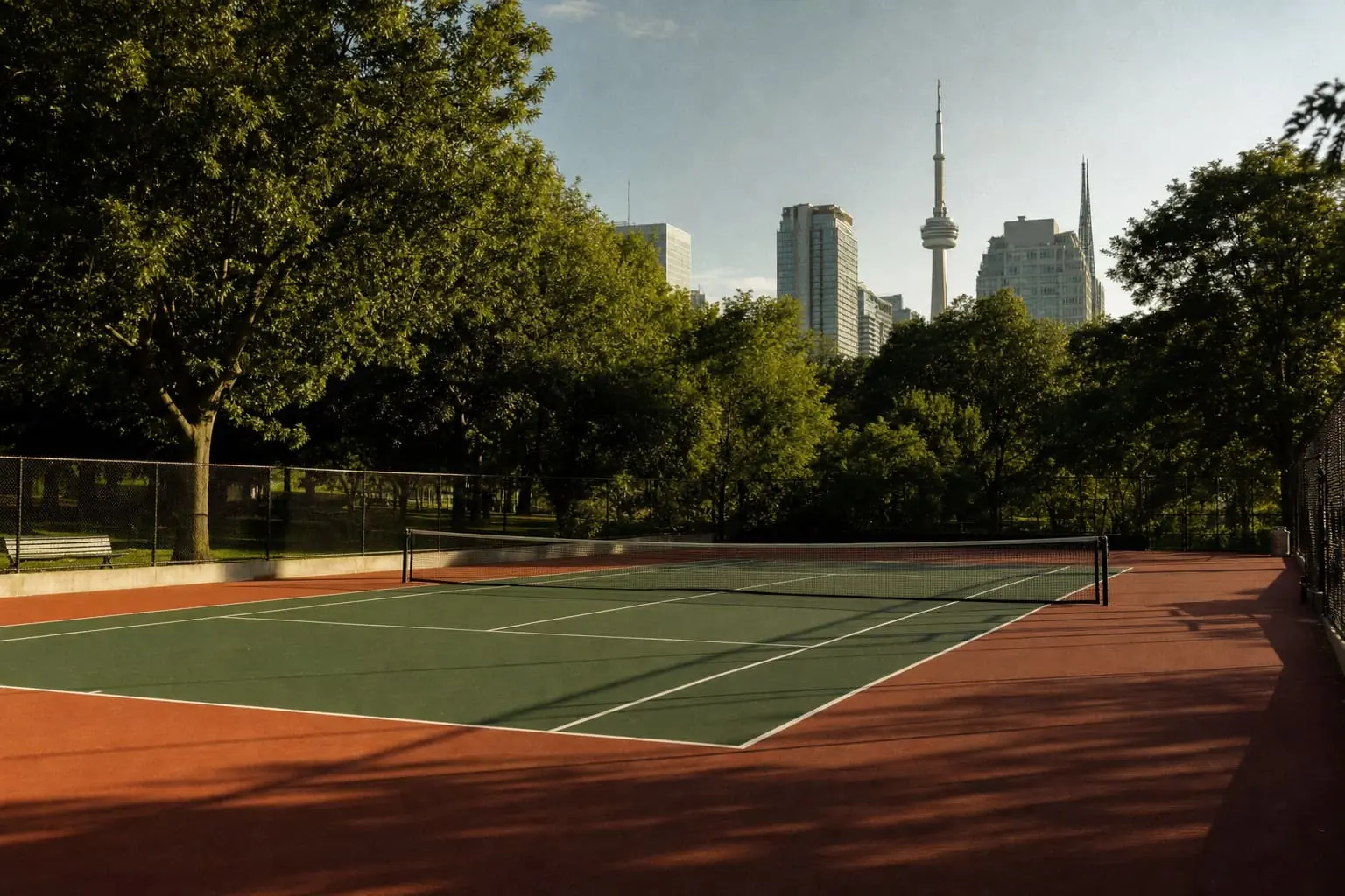 Public park hard courts in Toronto under big maples, the downtown skyline over the treetops.