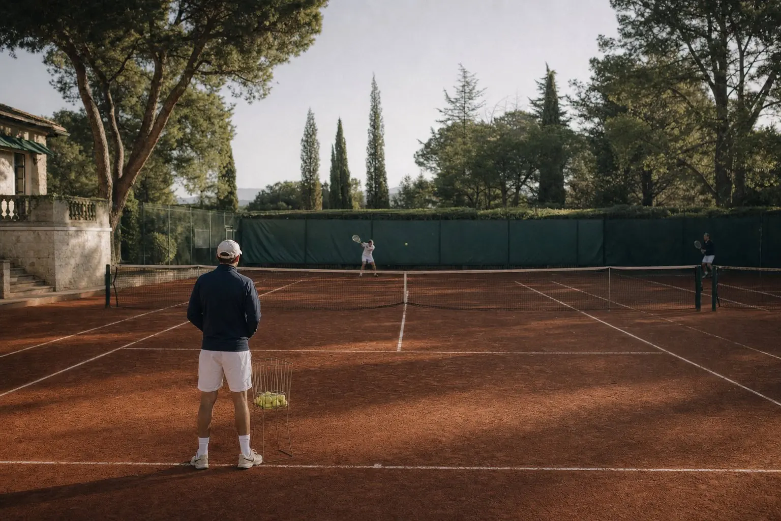 A rally in progress on a clay court