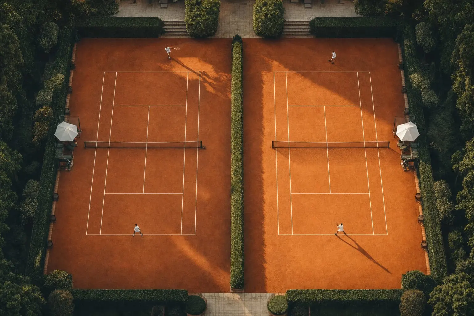 Two identical clay courts side by side, separated by a low hedge, seen from above.