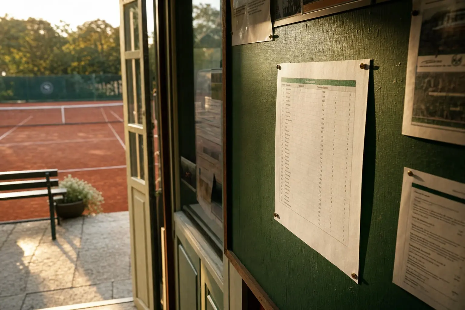 A ladder standings sheet pinned to a green tennis club noticeboard, a clay court in evening light beyond the open door