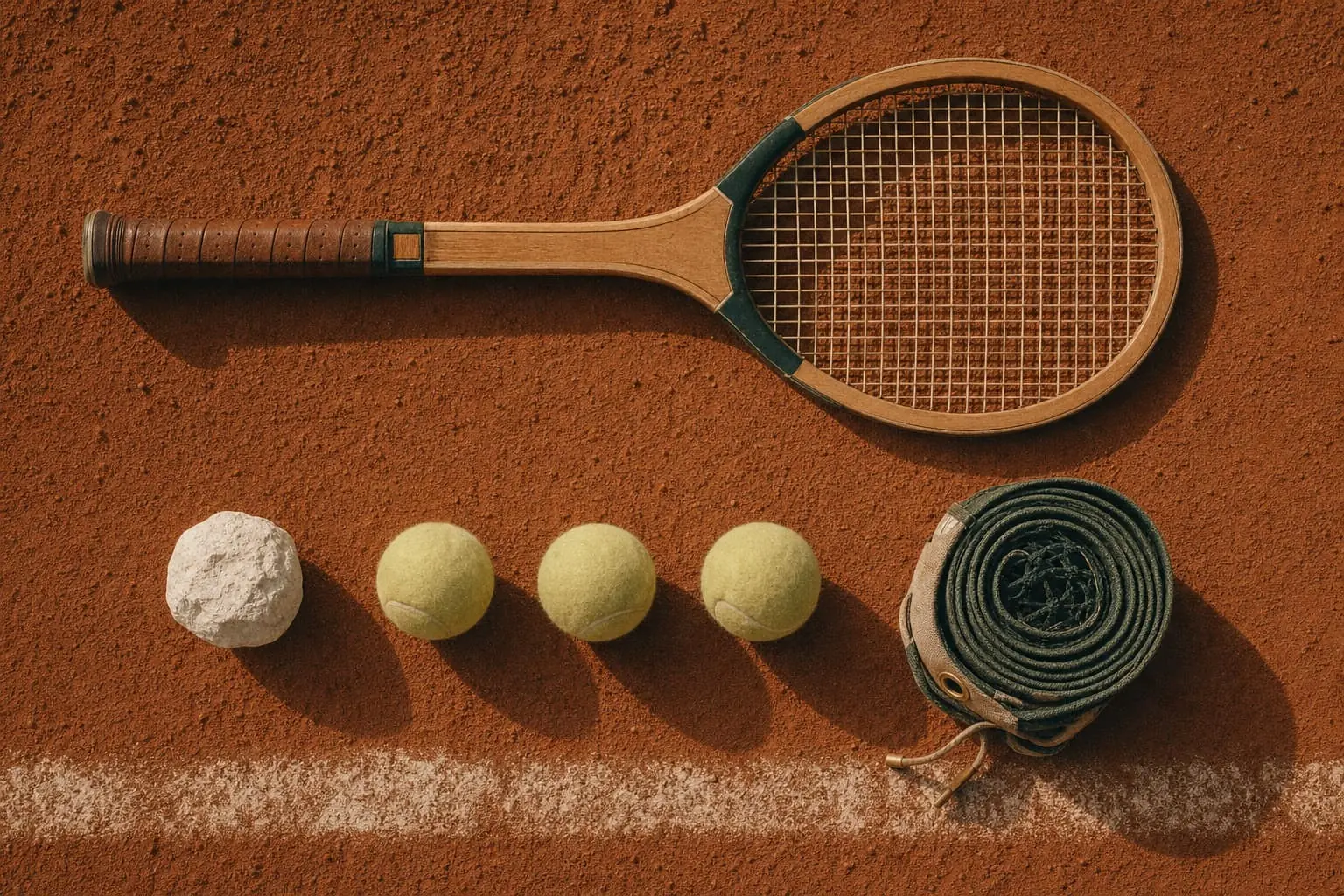 A racket, three balls, line chalk and a net strap laid out neatly on raked clay.