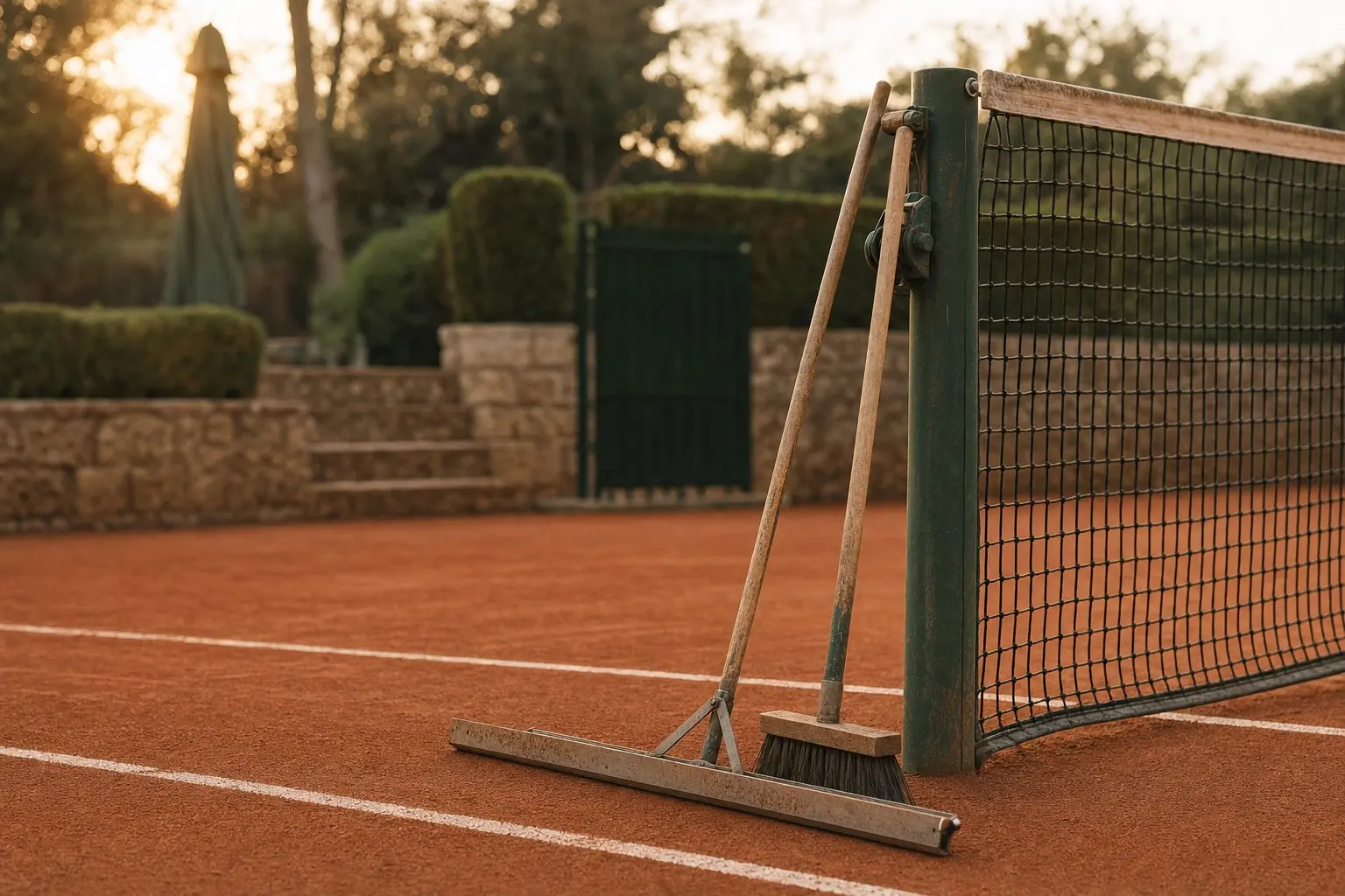A court squeegee leaning against the net post of a clay court after maintenance.