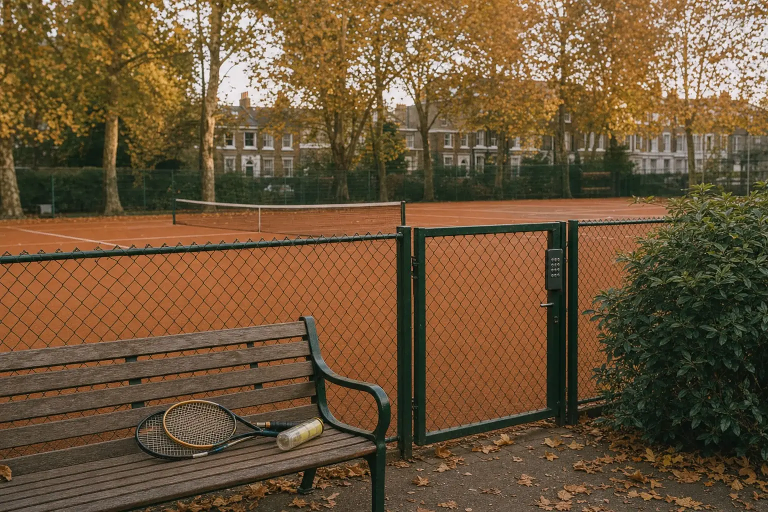 An empty clay court in a London park in autumn, plane trees turning gold behind the fence, a keypad lock on the green gate and two rackets with a tube of balls on a wooden bench.
