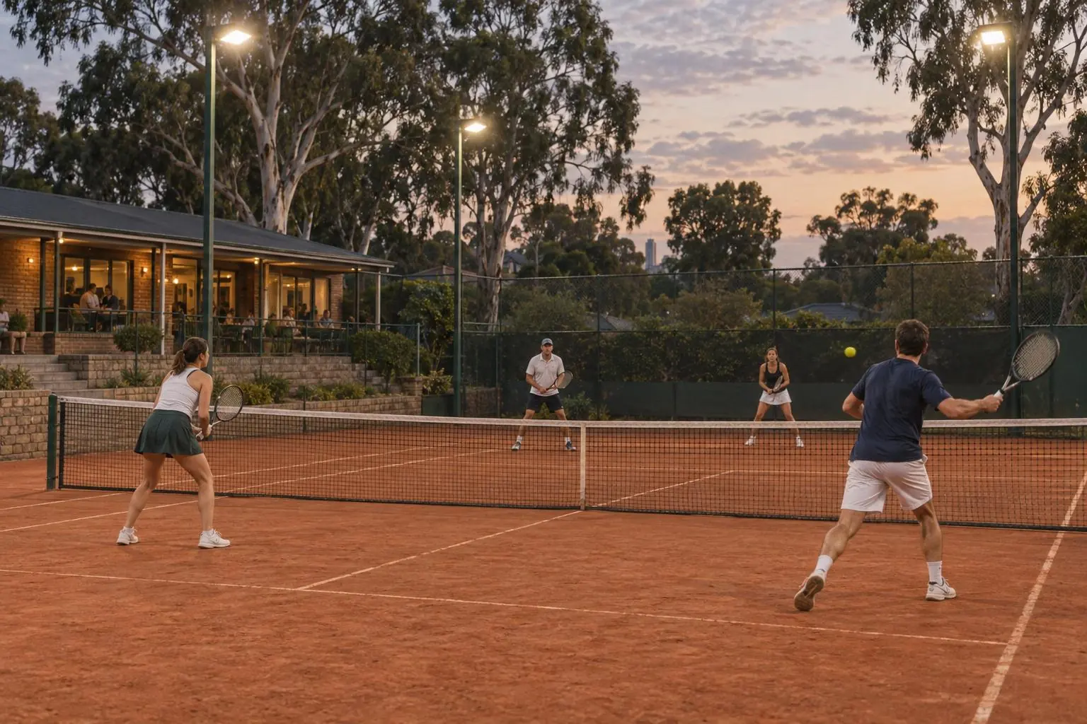 Four adults play an evening doubles rally on a red clay court under floodlights at a suburban Melbourne club, with tall gum trees, a brick clubhouse veranda and a dusk sky beyond the fence.