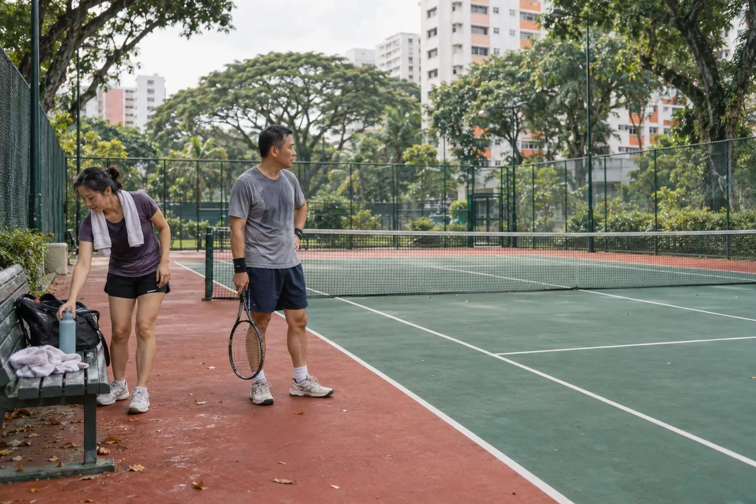 Two adult players pause beside a green hard court, one holding a racket and the other reaching for a bottle by a worn bench, with tropical trees and apartment blocks beyond the fence.