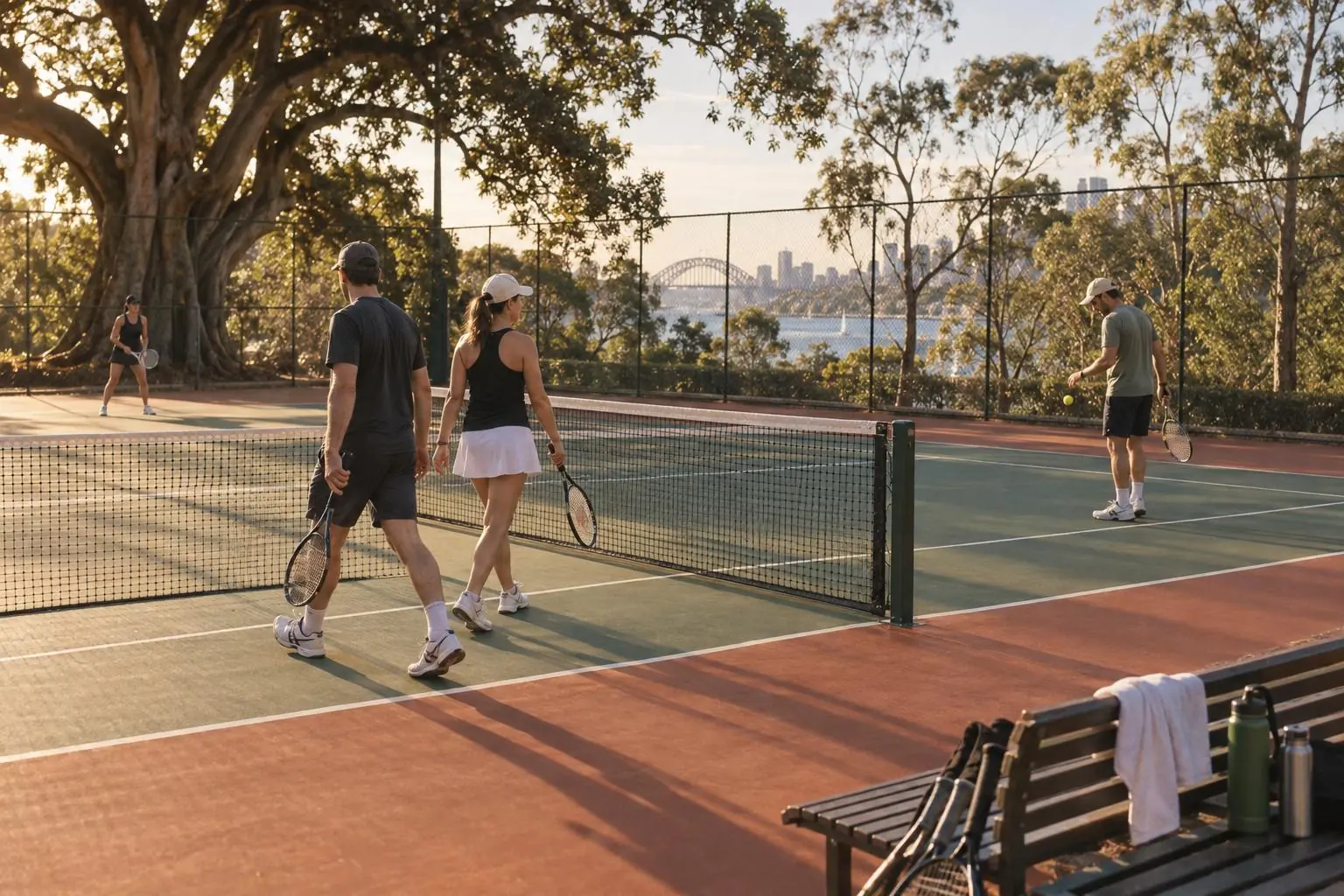 Two doubles players walk past the net post on a green hard court in a Sydney park while a third bounces a ball to serve, with a large fig tree, eucalypts and the Harbour Bridge beyond the fence.