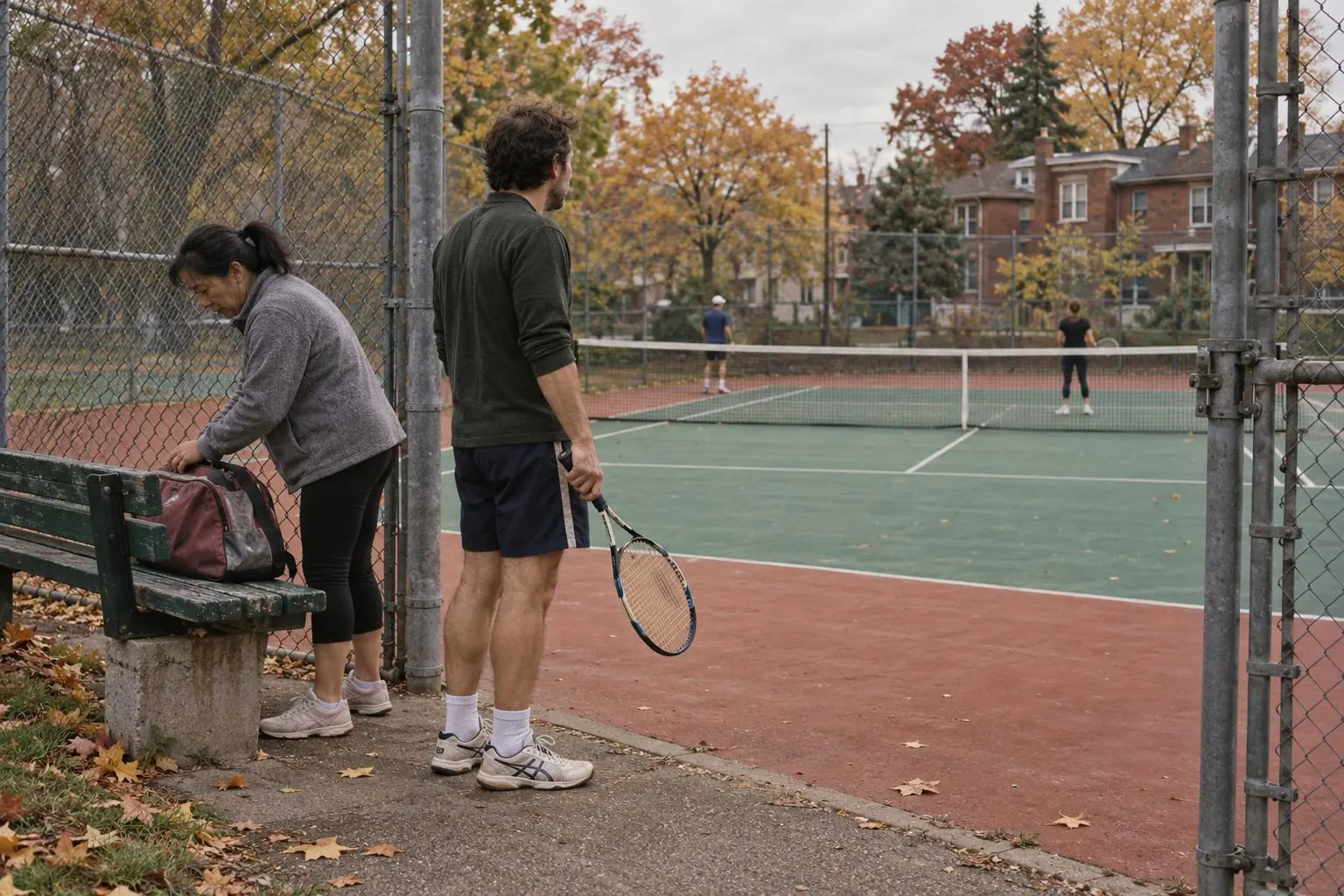 Two adult players at a neighborhood hard-court gate in autumn, one holding a racket while the other tends a bag on a worn bench, with players on the court beyond.