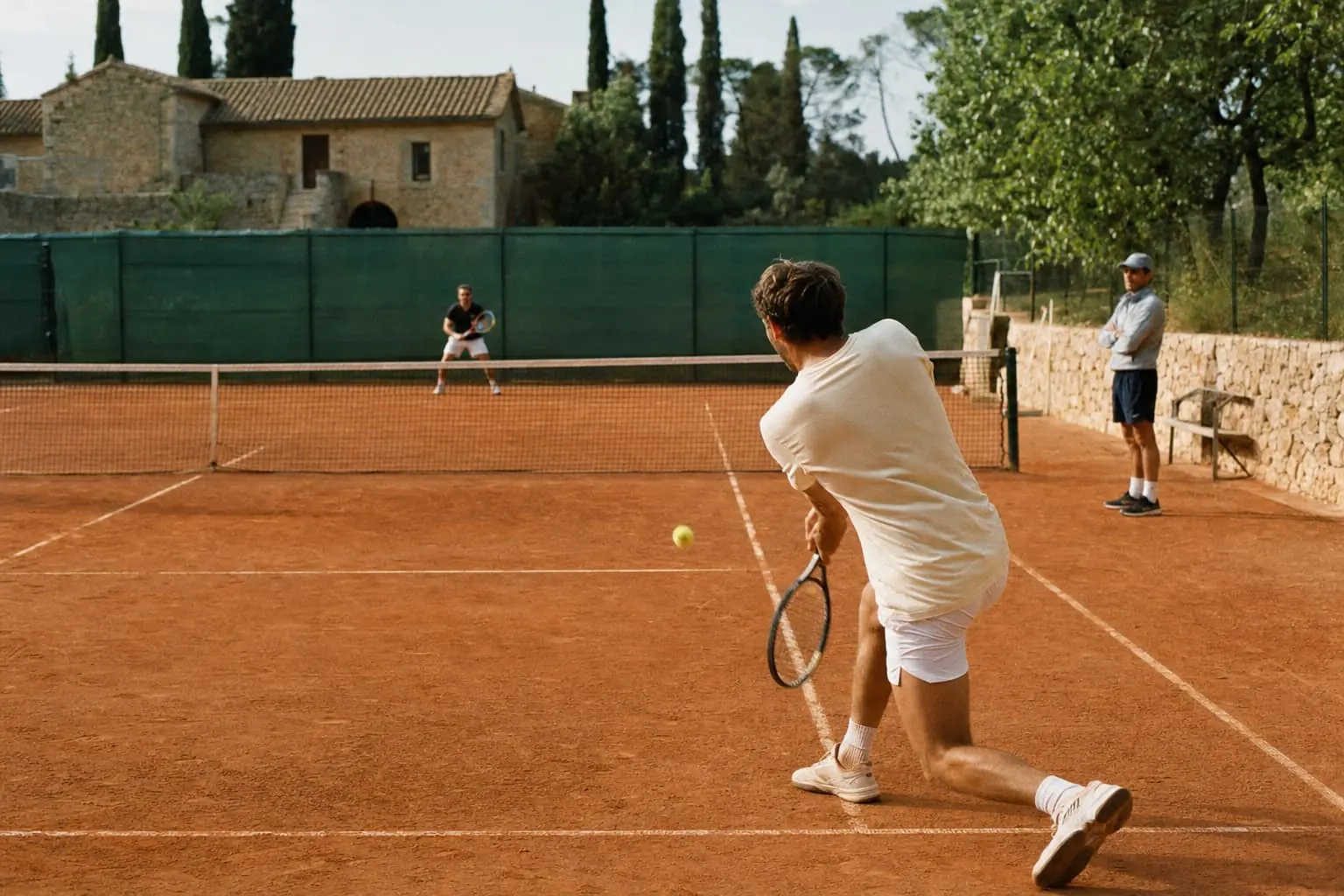 Two club players rallying on a clay court, one stretching for a backhand in the foreground, a coach watching by the net post with arms folded.