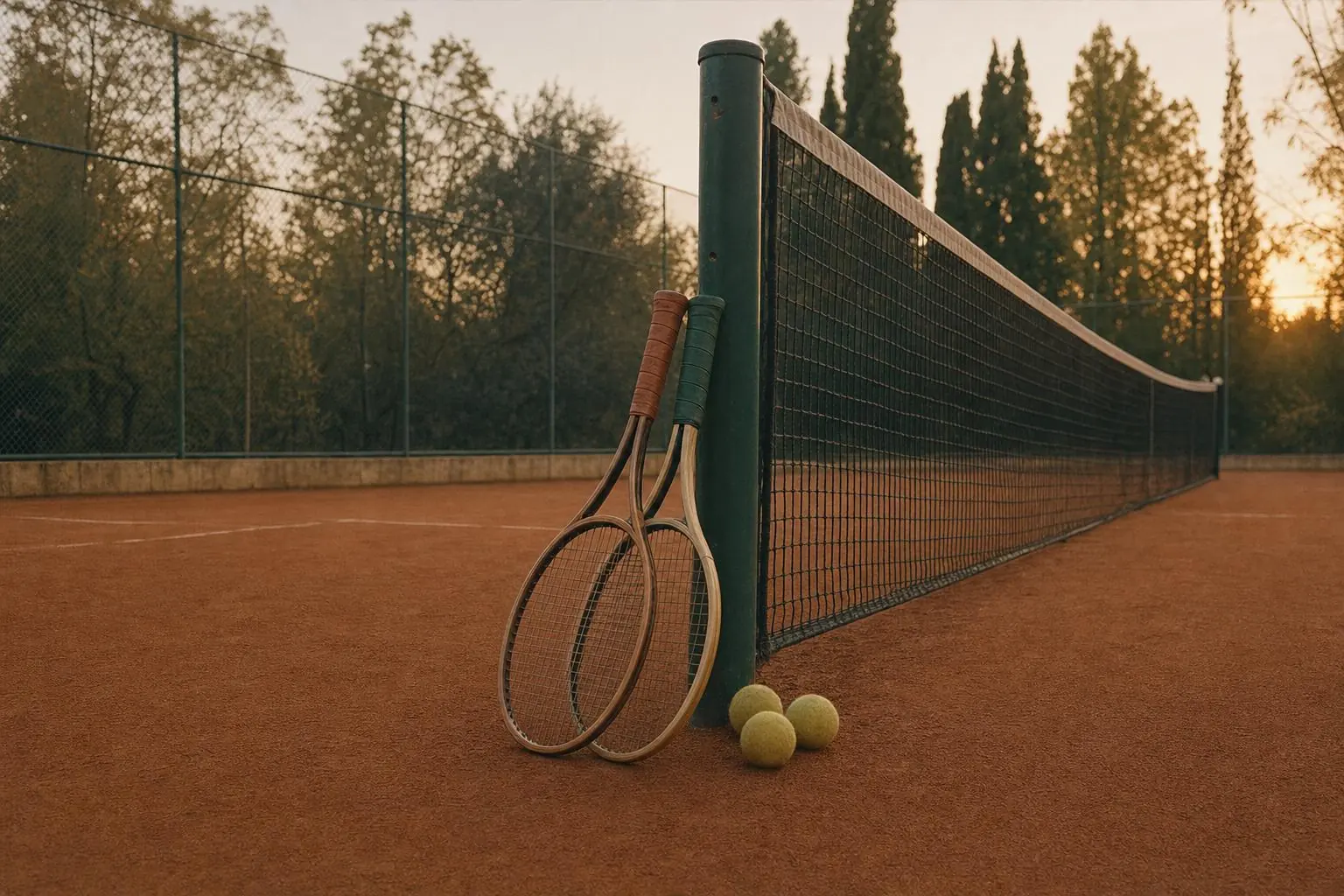 Two wooden rackets, one with a terracotta grip and one with a green grip, leaning against the net post of an empty clay court at dusk, three balls at its foot.