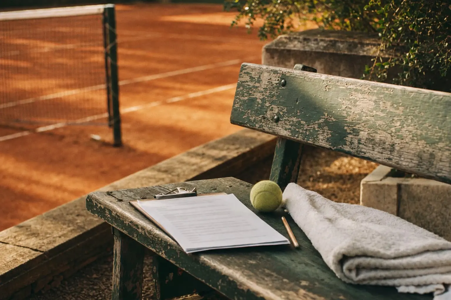 A clipboard of printed pages, a pencil, a ball and a folded towel on a weathered bench beside a clay court.