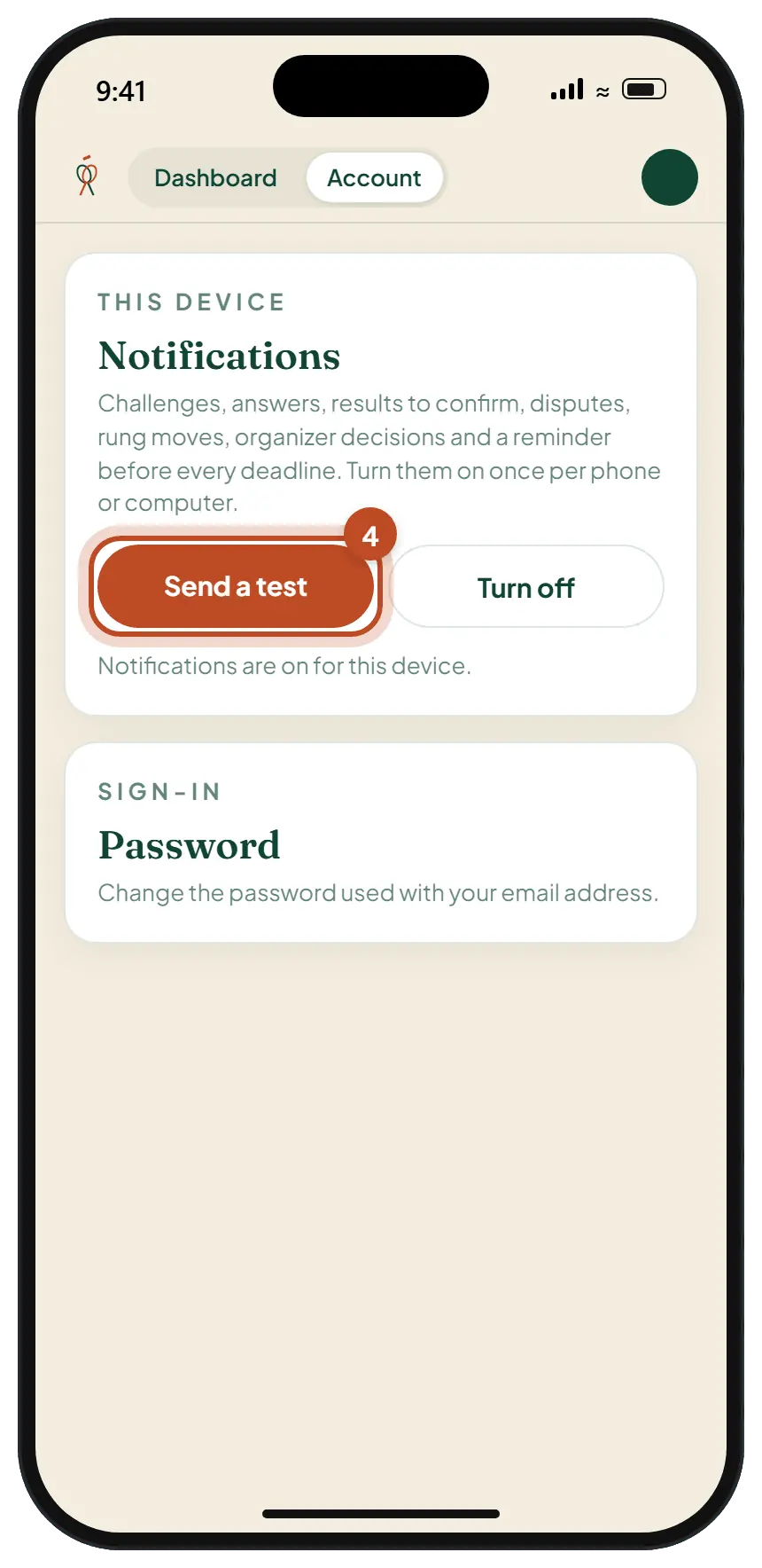The Notifications panel on the Account page, now on, with the Send a test button circled.