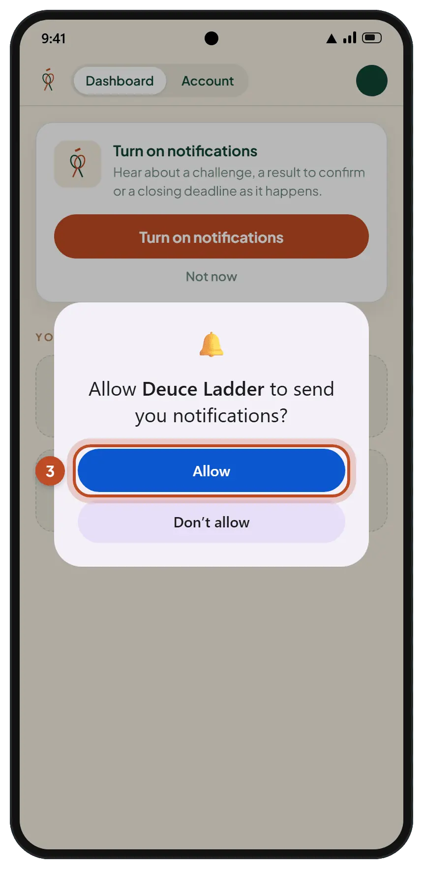 The Android permission dialog asking whether Deuce Ladder may send notifications, with Allow circled.