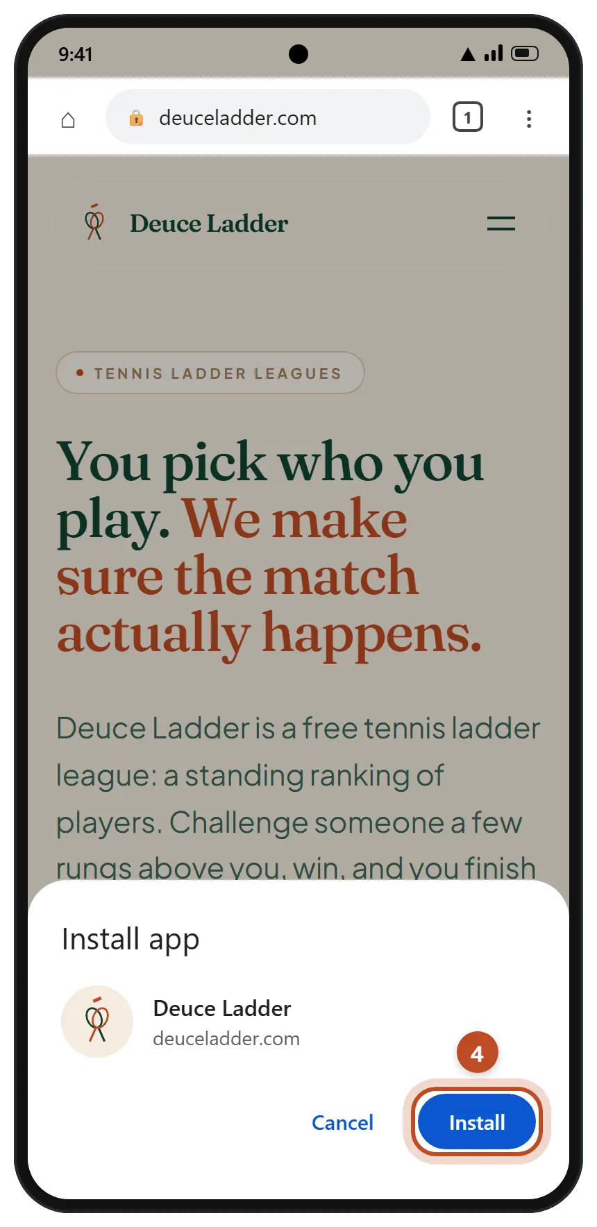 Chrome's Install app sheet for Deuce Ladder, with the Install button circled.