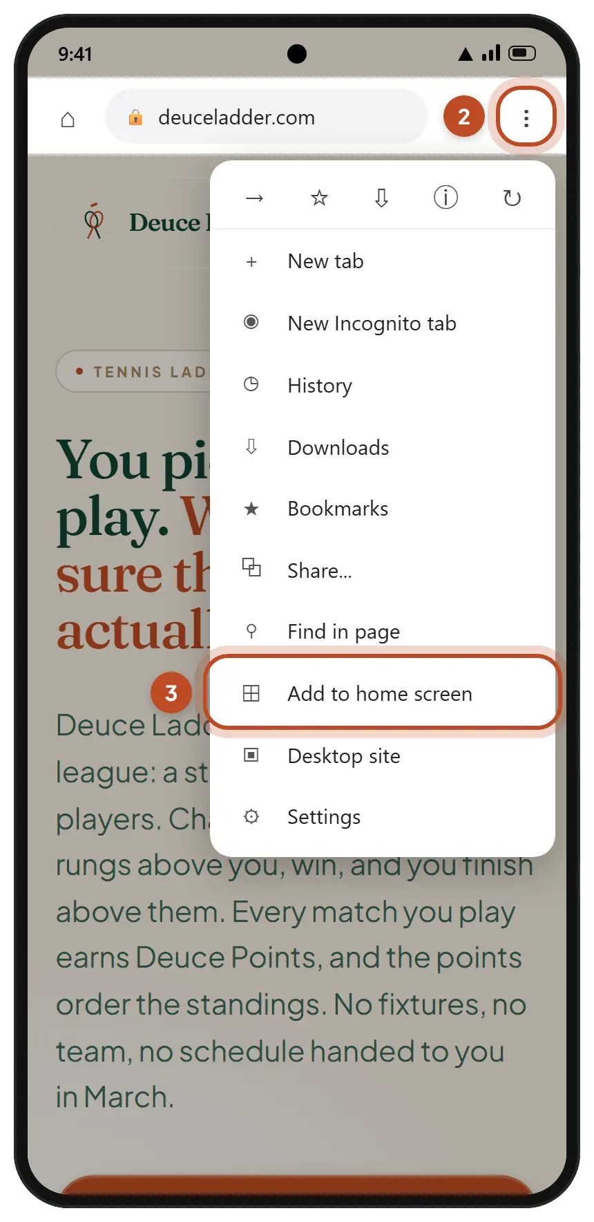 Chrome's menu open, with the three-dot button and Add to home screen circled.
