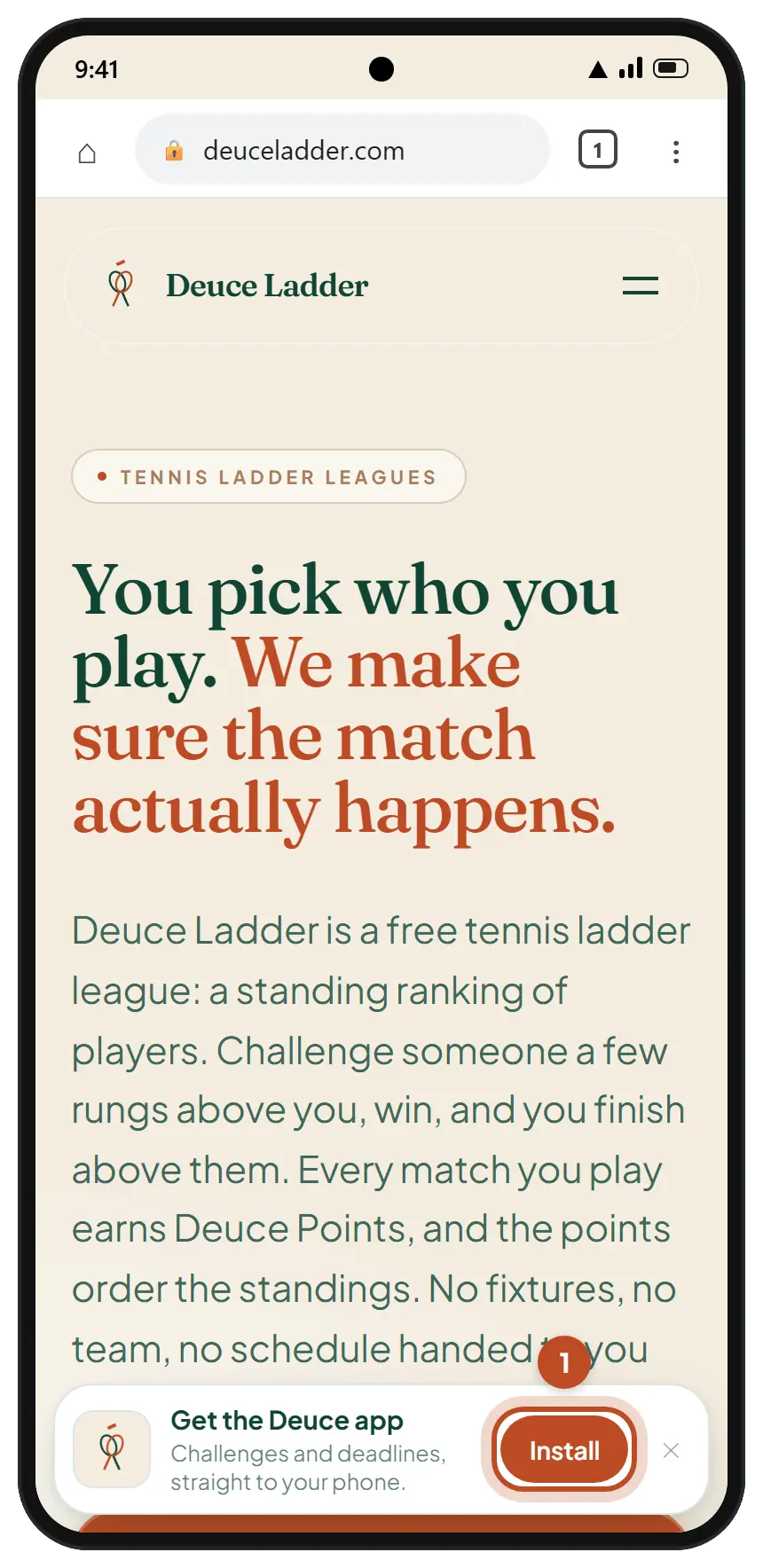 Deuce Ladder open in Chrome on Android, with the Get the Deuce app bar at the bottom of the screen and its Install button circled.