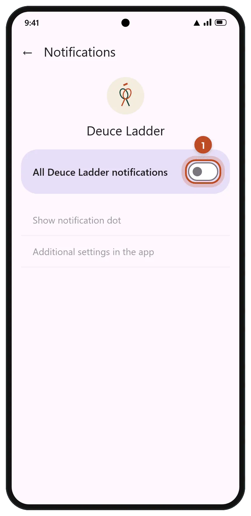 The Android notification settings for Deuce Ladder, with the All Deuce Ladder notifications switch circled.