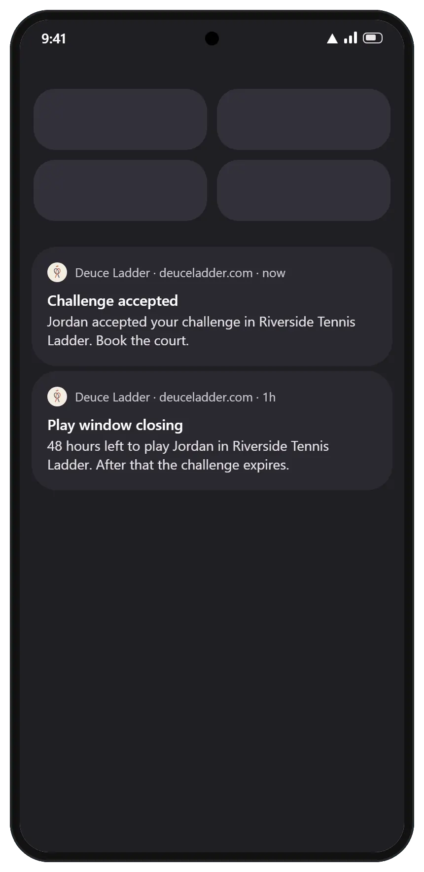 An Android notification shade showing two example Deuce Ladder notifications: a challenge accepted and a play window closing.