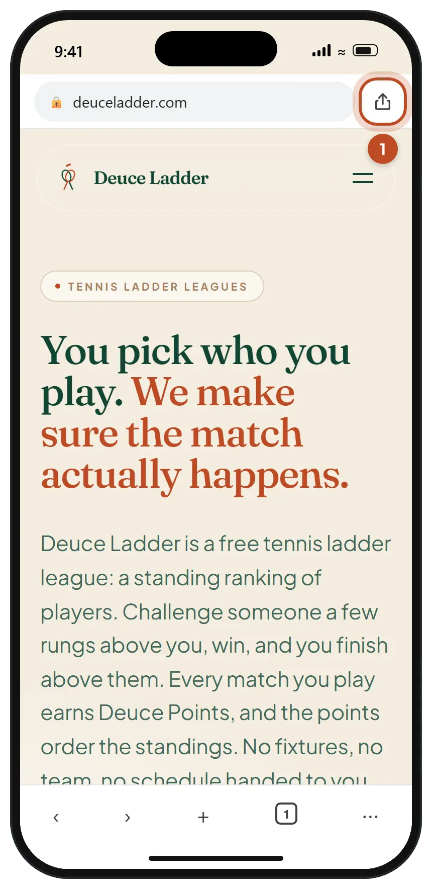 Deuce Ladder open in Chrome on an iPhone, with the Share button at the right end of the address bar circled.