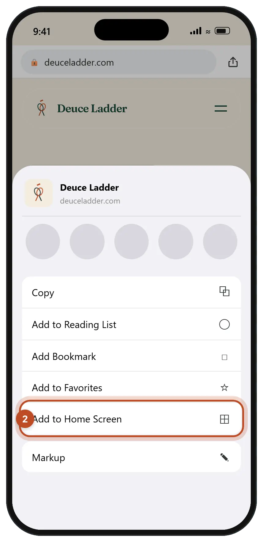 The share sheet opened from Chrome on an iPhone, with Add to Home Screen circled.