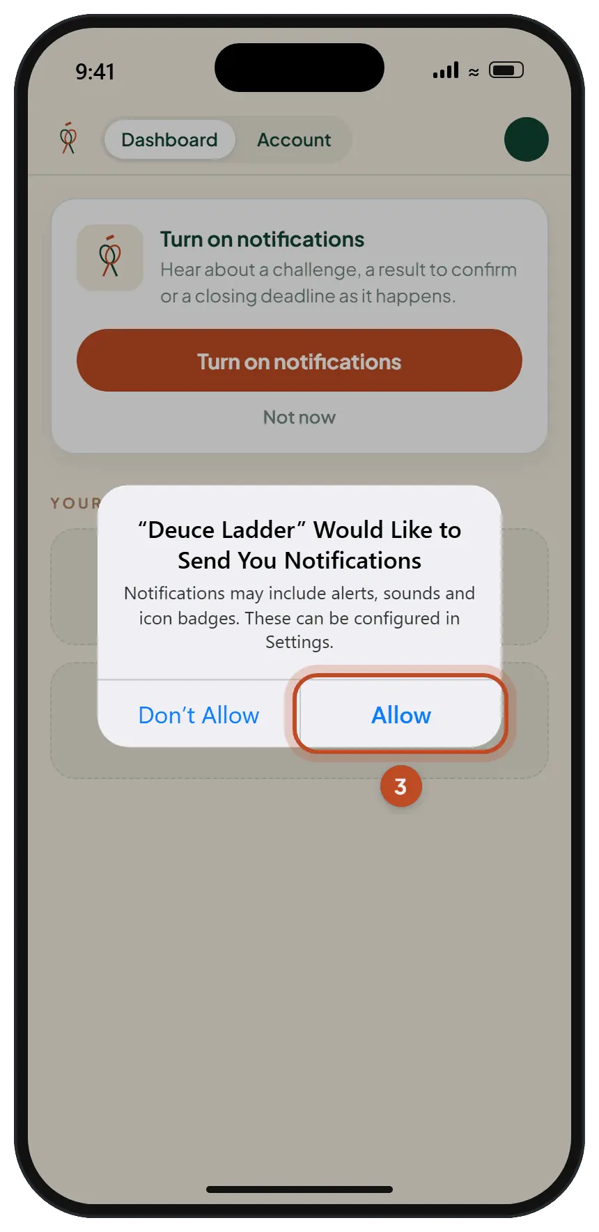The iPhone permission alert asking whether Deuce Ladder may send notifications, with Allow circled.