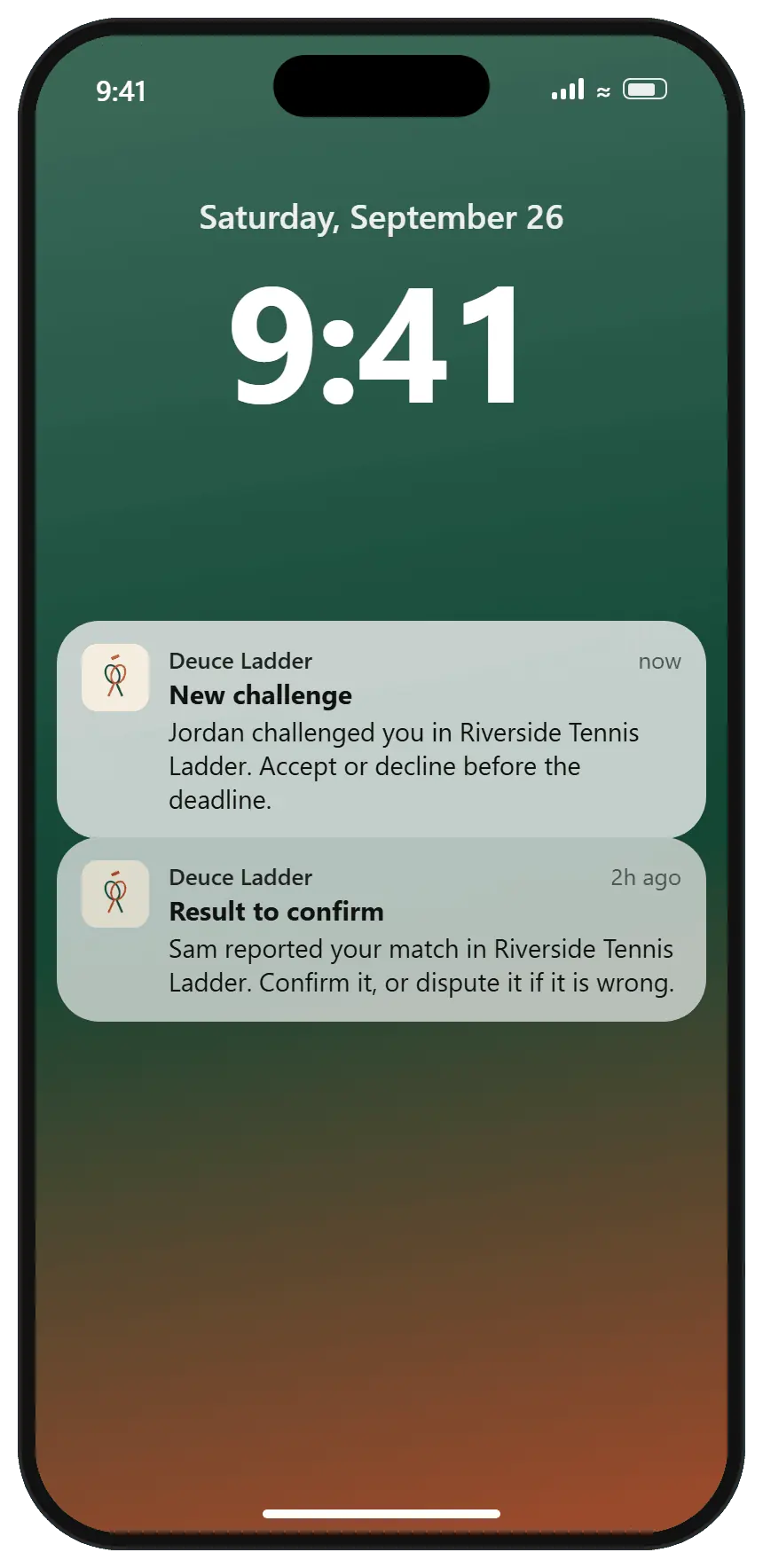 An iPhone lock screen showing two example Deuce Ladder notifications: a new challenge and a result to confirm.