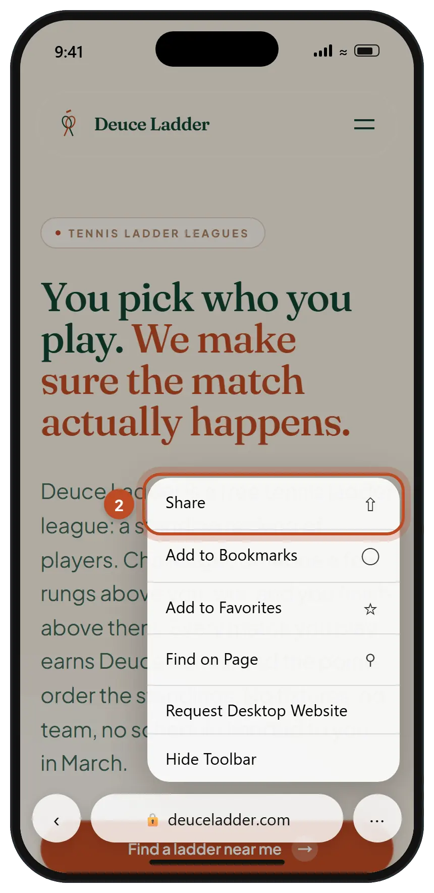 Safari's menu open over the page, with Share at the top of the list circled.
