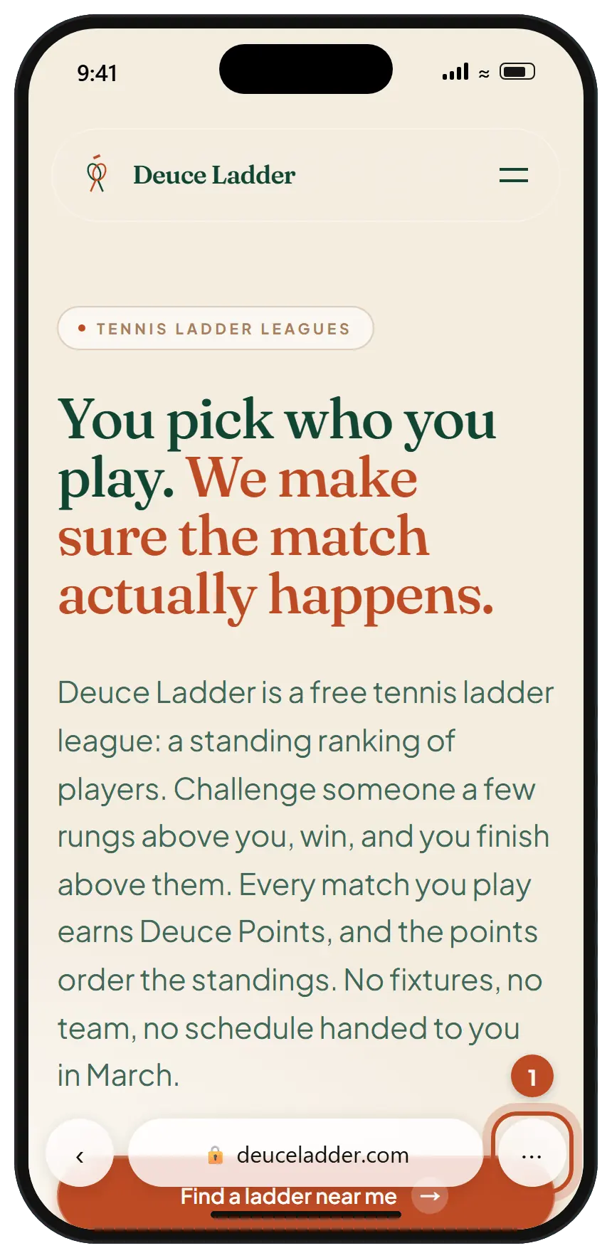 Deuce Ladder open in Safari on an iPhone, with the three-dot button at the bottom right circled.