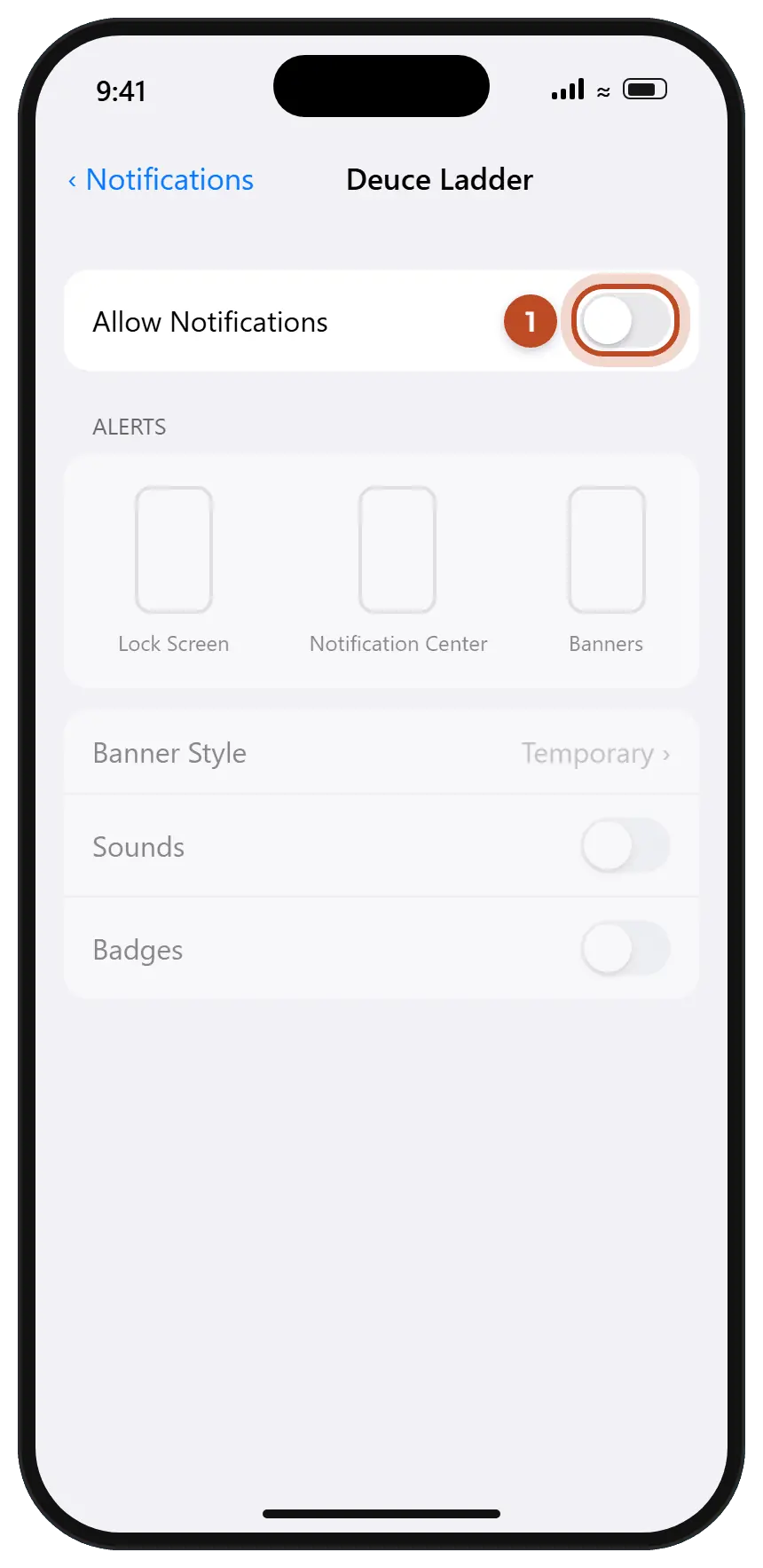 The iPhone notification settings for Deuce Ladder, with the Allow Notifications switch circled.