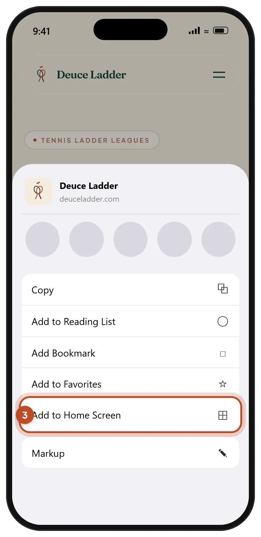 The iPhone share sheet for deuceladder.com, with Add to Home Screen circled.