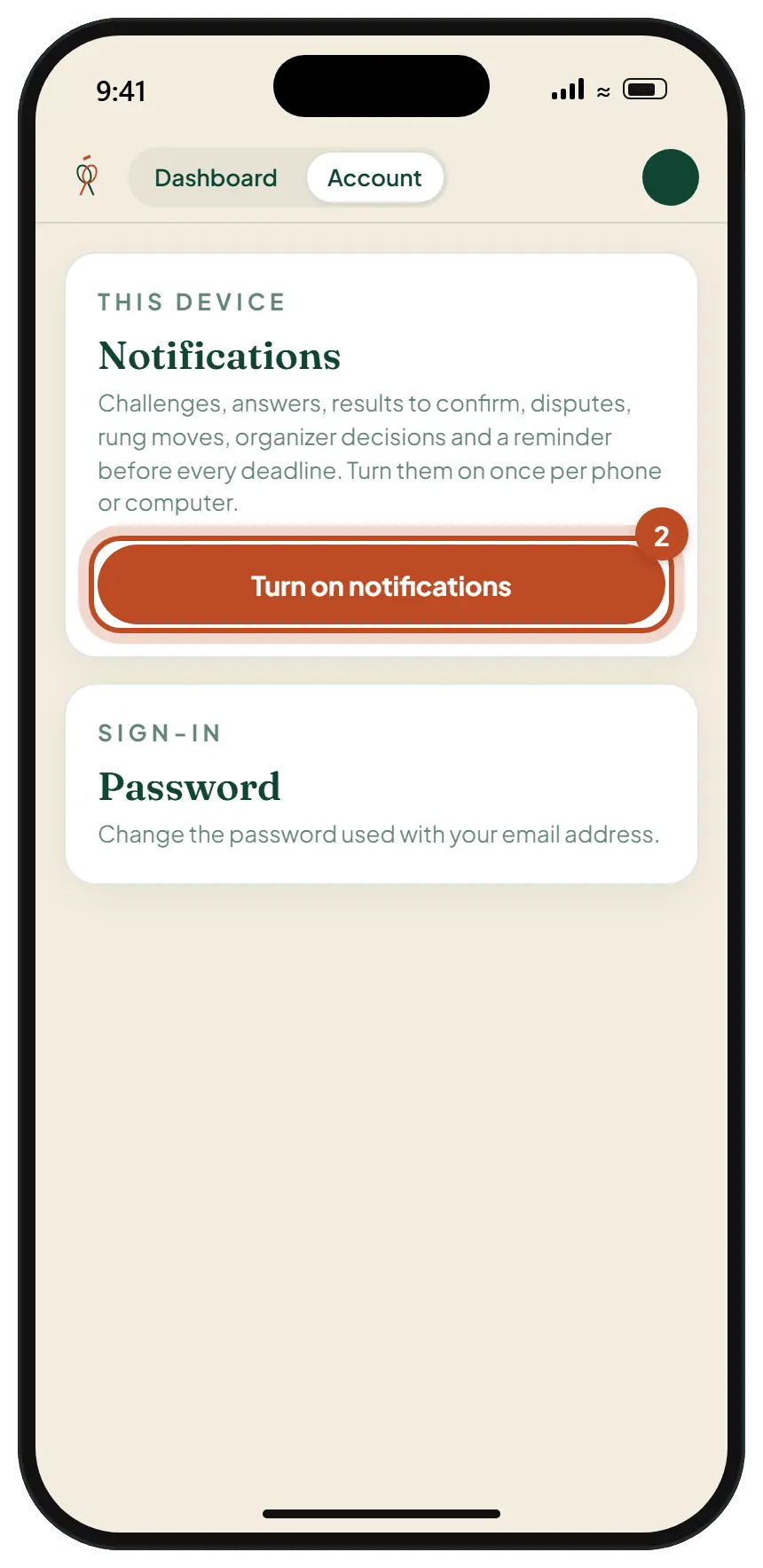 The Deuce Account page opened from the Home Screen icon, with the Turn on notifications button in the Notifications panel circled.